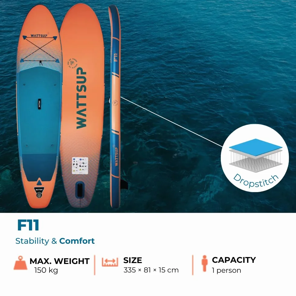 Wattsup - SUP Stand Up Paddle gonfiabile - Gamma First - Dropstitch - Pacchetto completo: Pagaia, Leash, Pompa, Borsa da trasporto