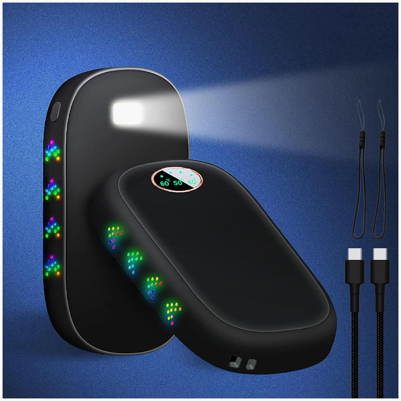 2 Confezioni di scaldamani riutilizzabili da 10000 mAh, scaldamani elettrici con 3 modalità di Riscaldamento con Luce Colorata per respirazione/Torcia elettrica, Regali per Uomini,