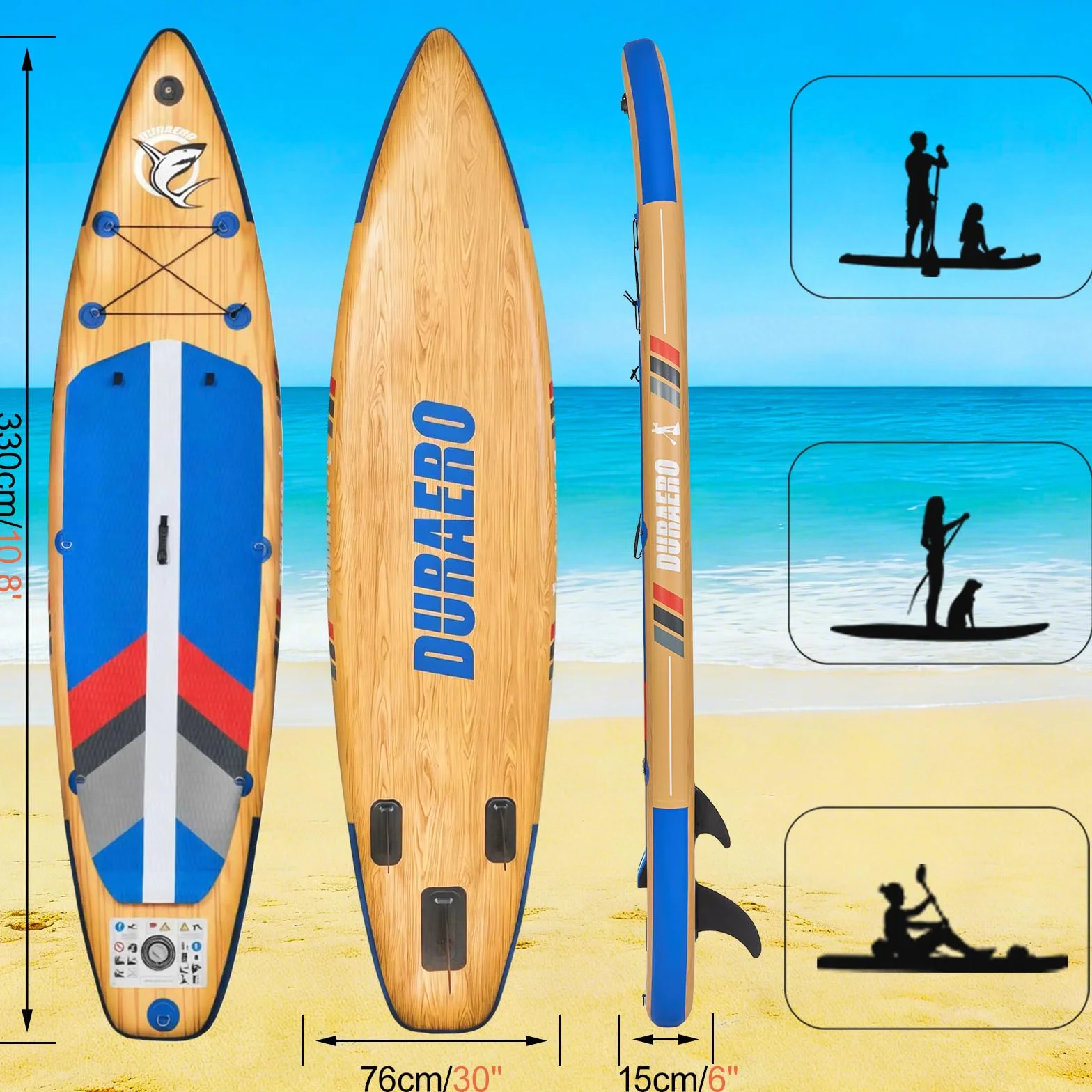 DURAERO Tavola SUP gonfiabile XXL 330cm, stand up paddle con sedile kayak e poggiapiedi, pagaia doppia, supporto fotocamera, accessori completi, portata 150 kg, effetto legno