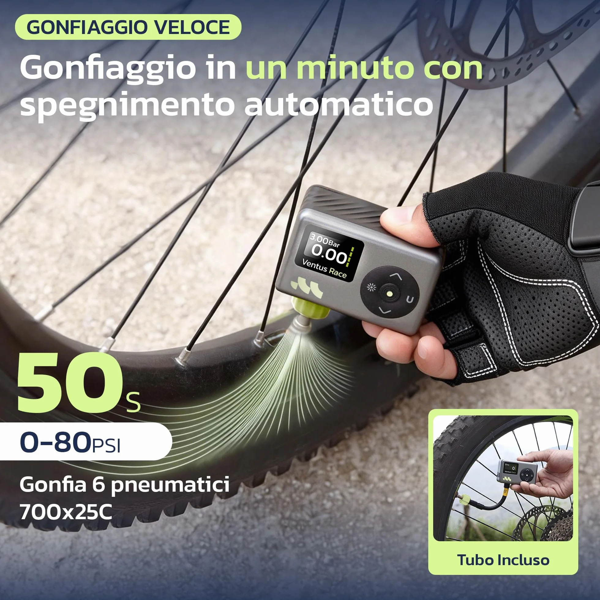 Woowind Pompa Per Bicicletta 120 PSI, Mini Compressore Portatile, Gonfiaggio Rapido 50s, Valvole Presta Schrader per MTB E-bike