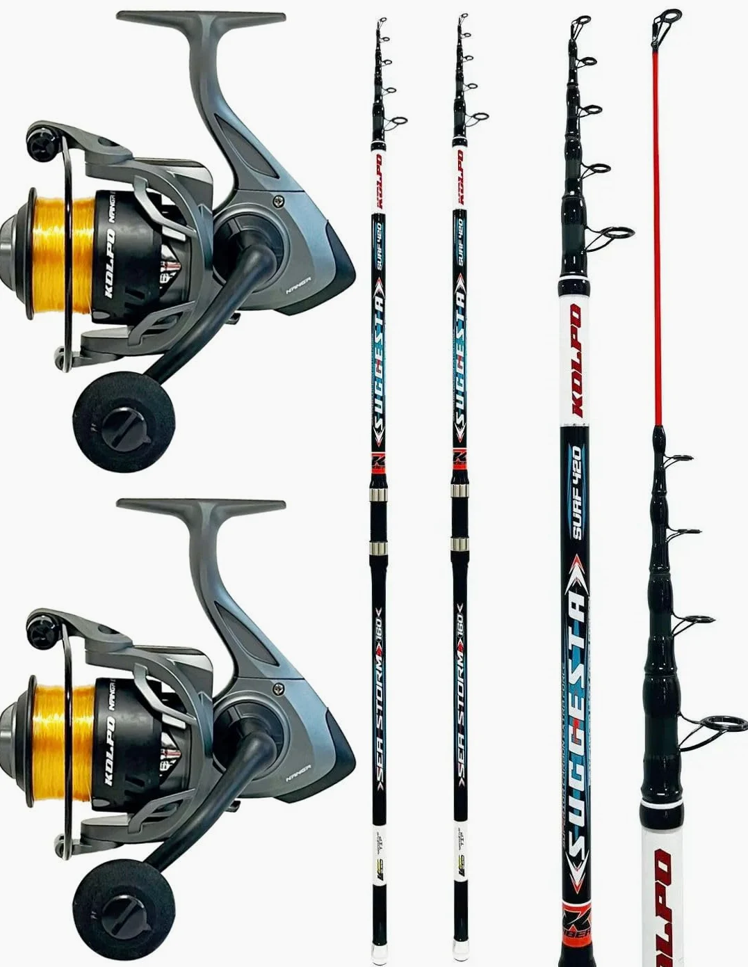 Kolpo kit combo surfcasting con due canne da pesca + 2 mulinelli con filo kit adatto per la pesca in mare di orate spigole mormore serra