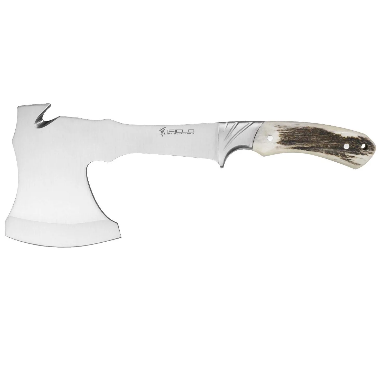 iFIELD Ascia di Sopravvivenza EL29003, Lama in Acciaio Inossidabile 17cm, Dimensione Totale 29,5cm, con Fodero in Pelle, Manico in Corno di Cervo, da Campeggio per la Pesca, Caccia, attività Sportive