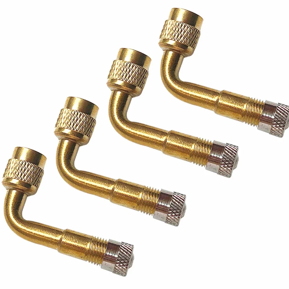 4Pcs Professionale 90 Gradi Pneumatico Valvola Estensione Adattatore Kit, Ottone Pneumatico Stelo Prolunga Schrader Valvola Adattatore, con Tappo Antipolvere