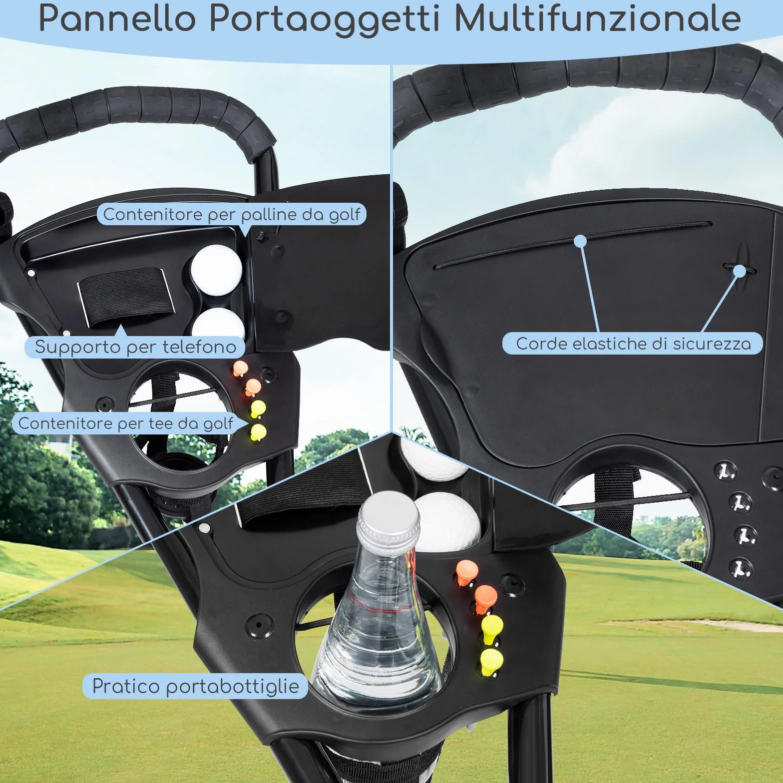 COSTWAY Carrello da Golf Pieghevole 3 Ruote Trolley Portaombrelli Porta Bicchiere Nero