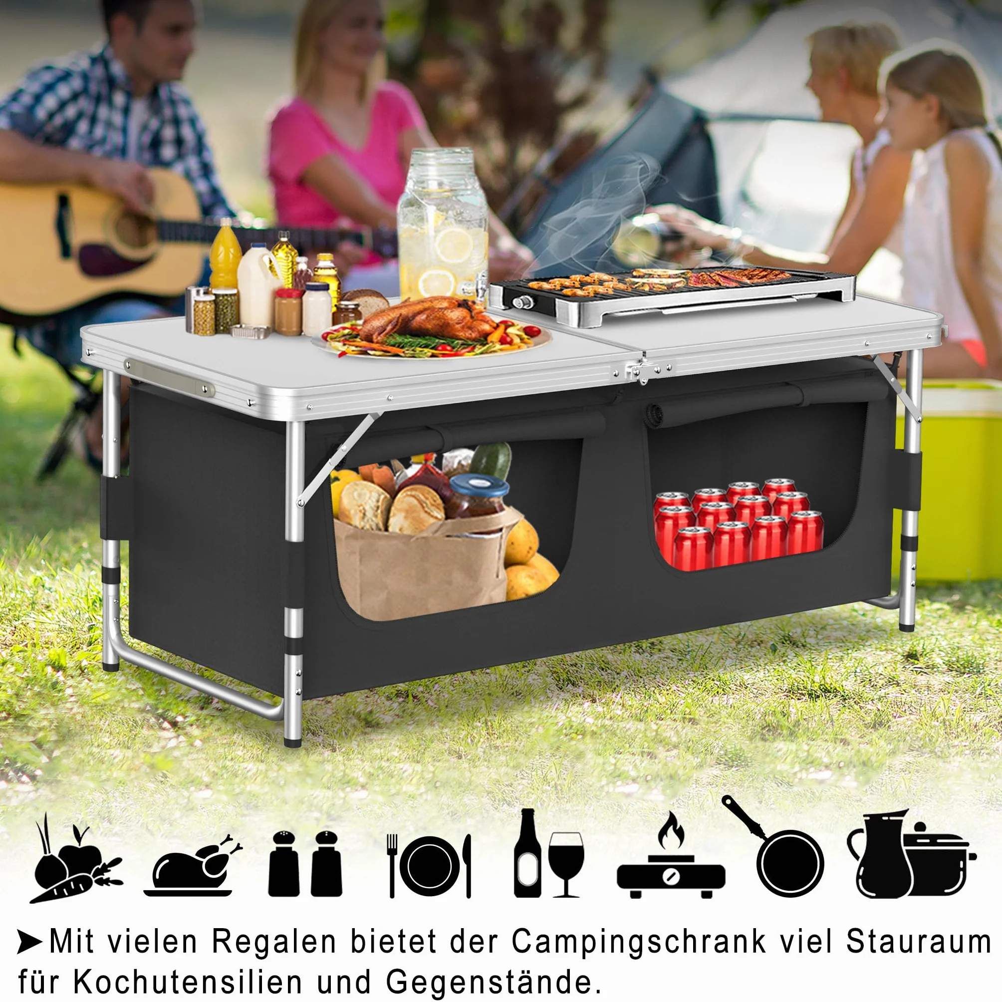 Cucina da campeggio in alluminio leggero pieghevole 120x47x62 cm con piano di lavoro e borsa trasporto