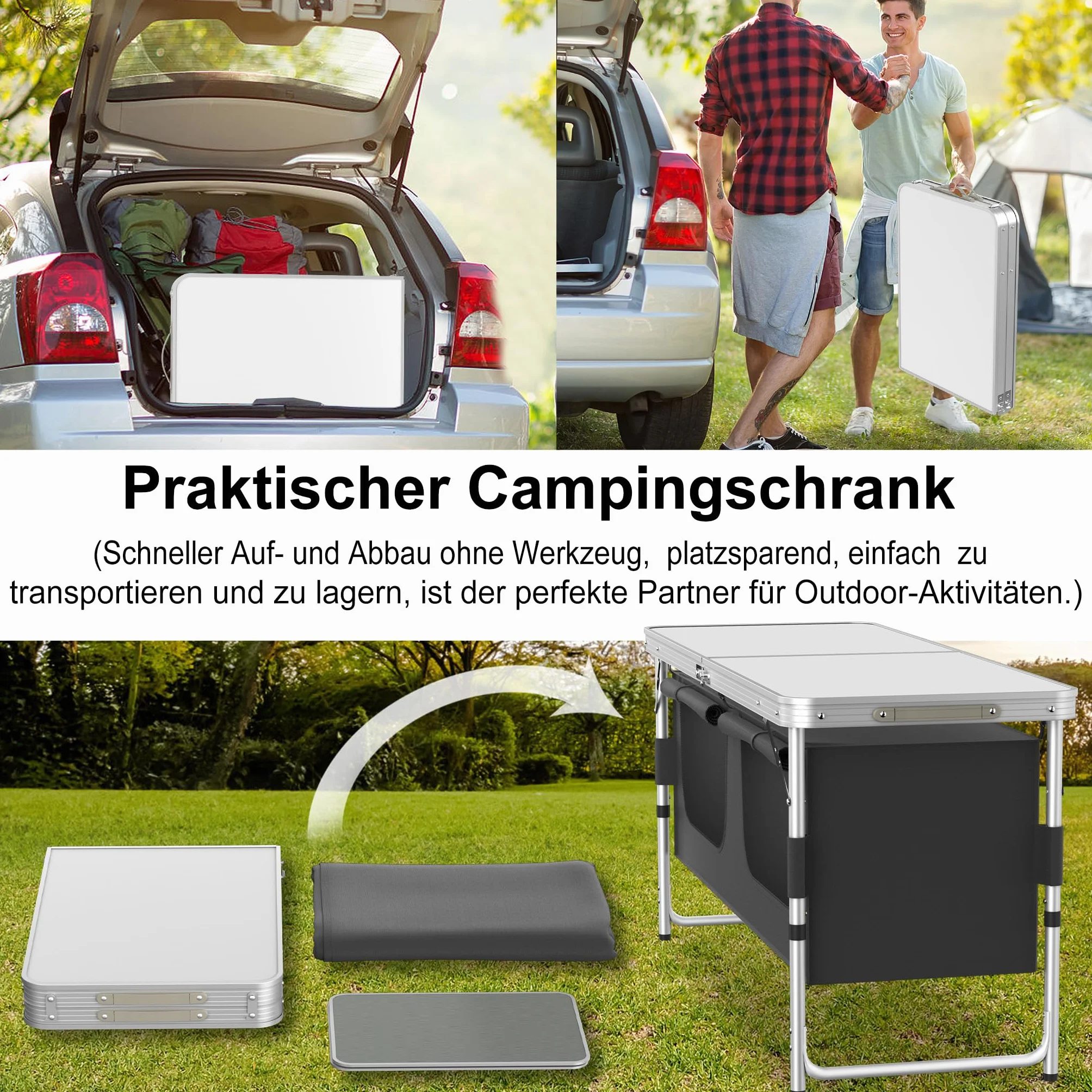 Cucina da campeggio in alluminio leggero pieghevole 120x47x62 cm con piano di lavoro e borsa trasporto