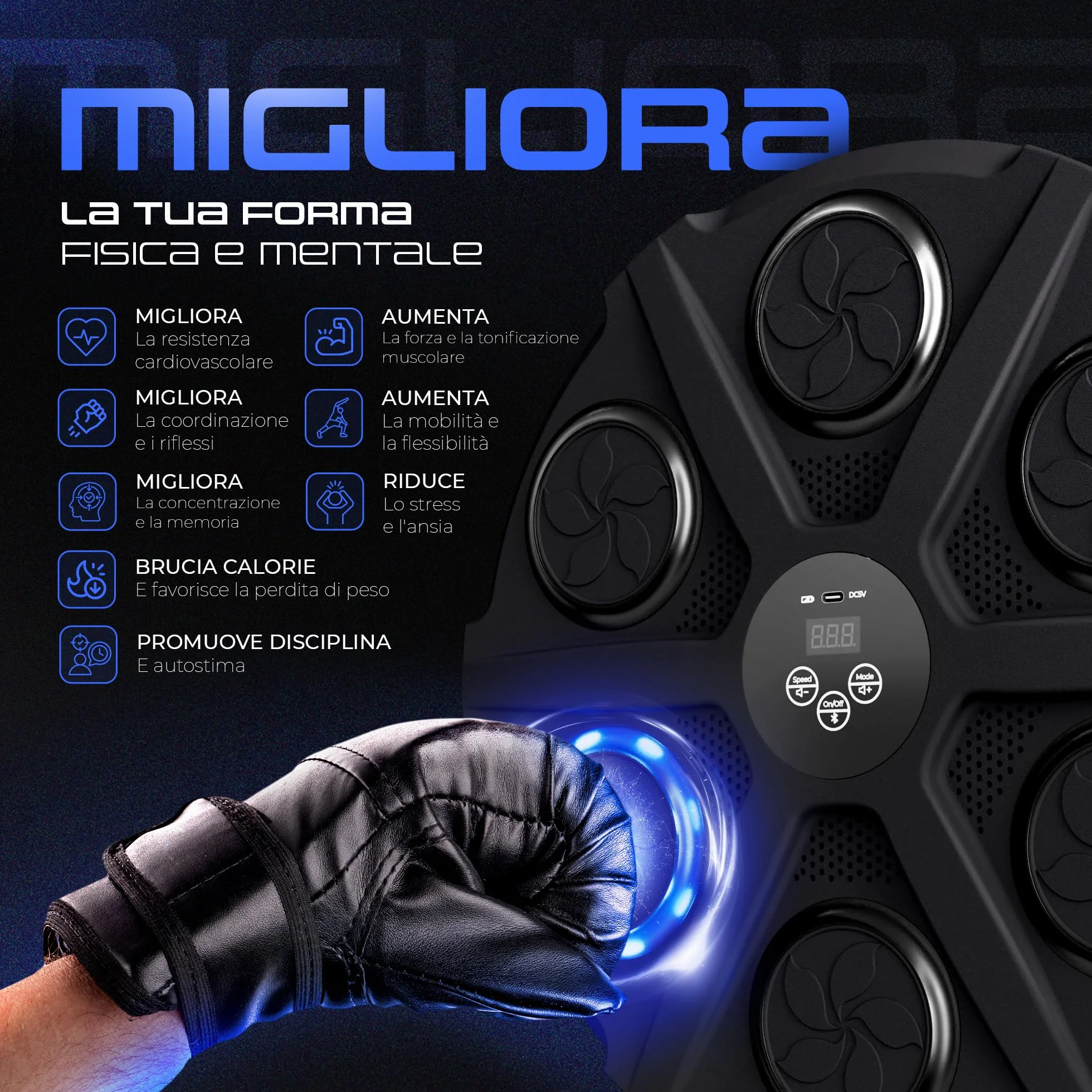 EZERO Beat Punch, la Music Boxing Machine 12 Livelli con Bluetooth & LED – Pannello Interattivo per Allenamento di Boxe a Casa – Migliora Riflessi & Resistenza – Set Completo con Accessori