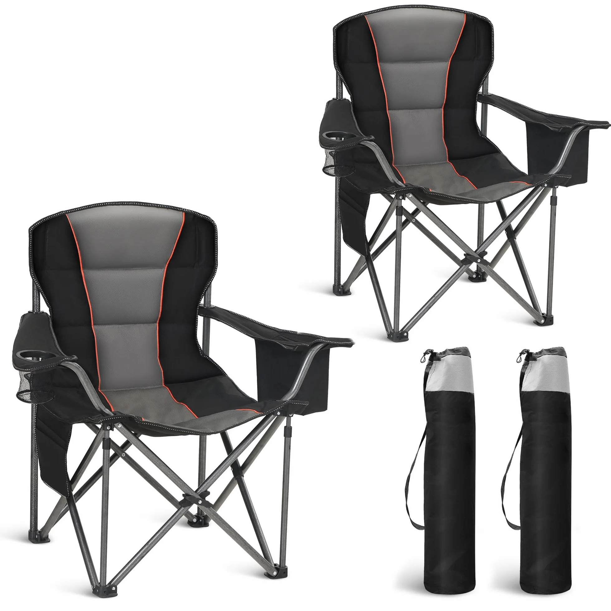 HIGH POINT SPORTS Sedia Pieghevole da Campeggio 200kg Portatile Resistente con Portabicchieri Nero 2 Pezzi