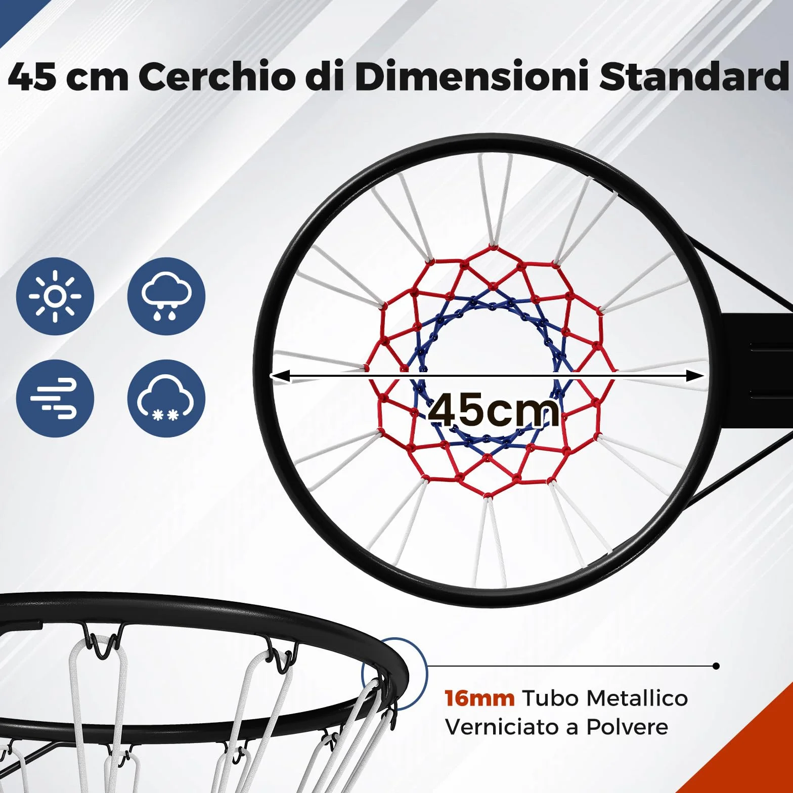 COSTWAY Canestro da Basket da Parete 45 cm, Anello da Pallacanestro con Doppie Molle, Cerchio Universale Esterno Interno