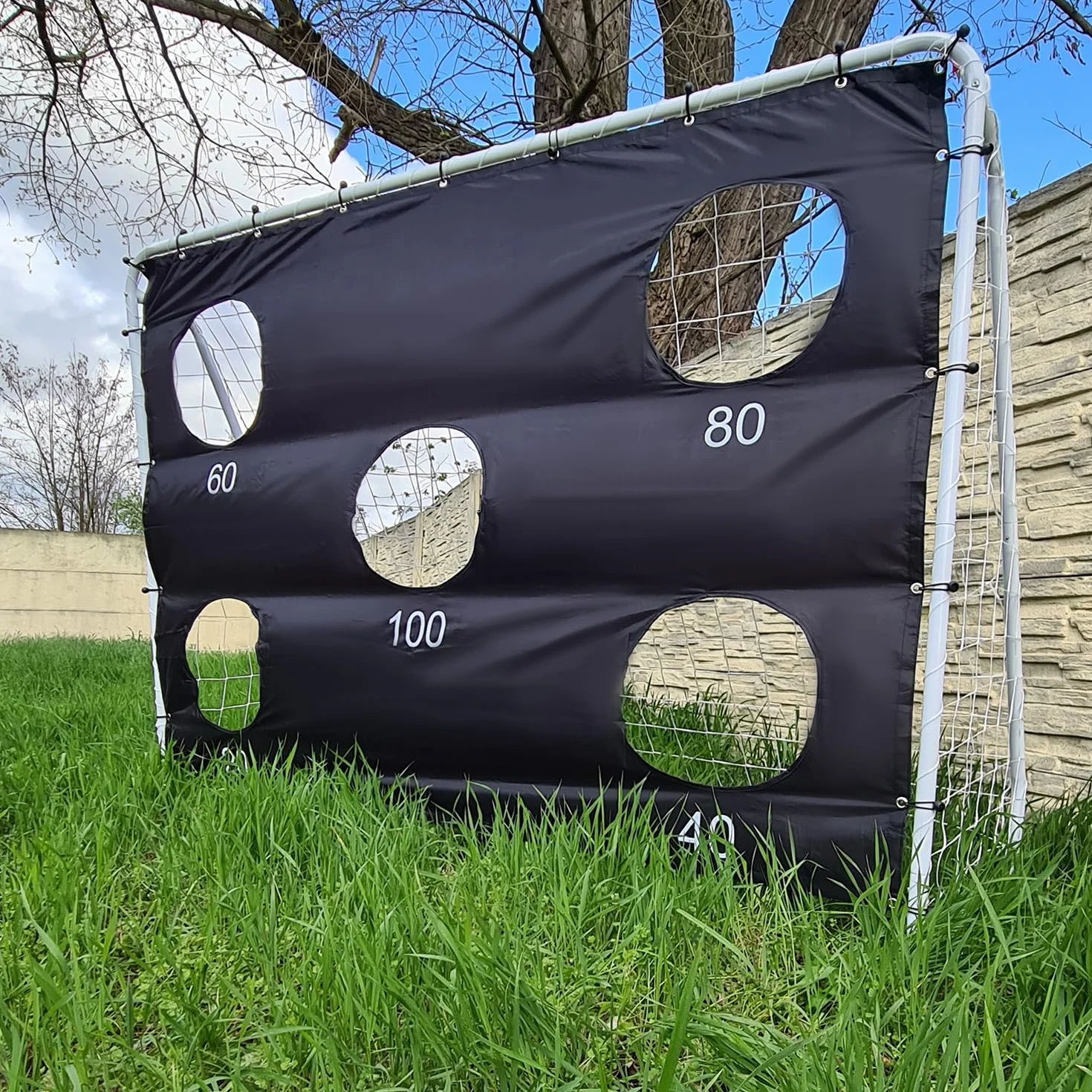 Porta da Calcio Grande 240×170×85 cm TRIZAND con Telo Bersaglio, Tubi Acciaio Ø32 mm, Rete PE Fitta, Montaggio a Scatto