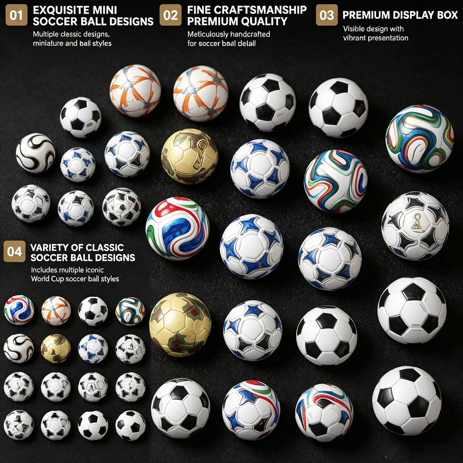 Generico Collezione mini palloni da calcio artigianali 1970-2026, statuette oggetti da scrivania