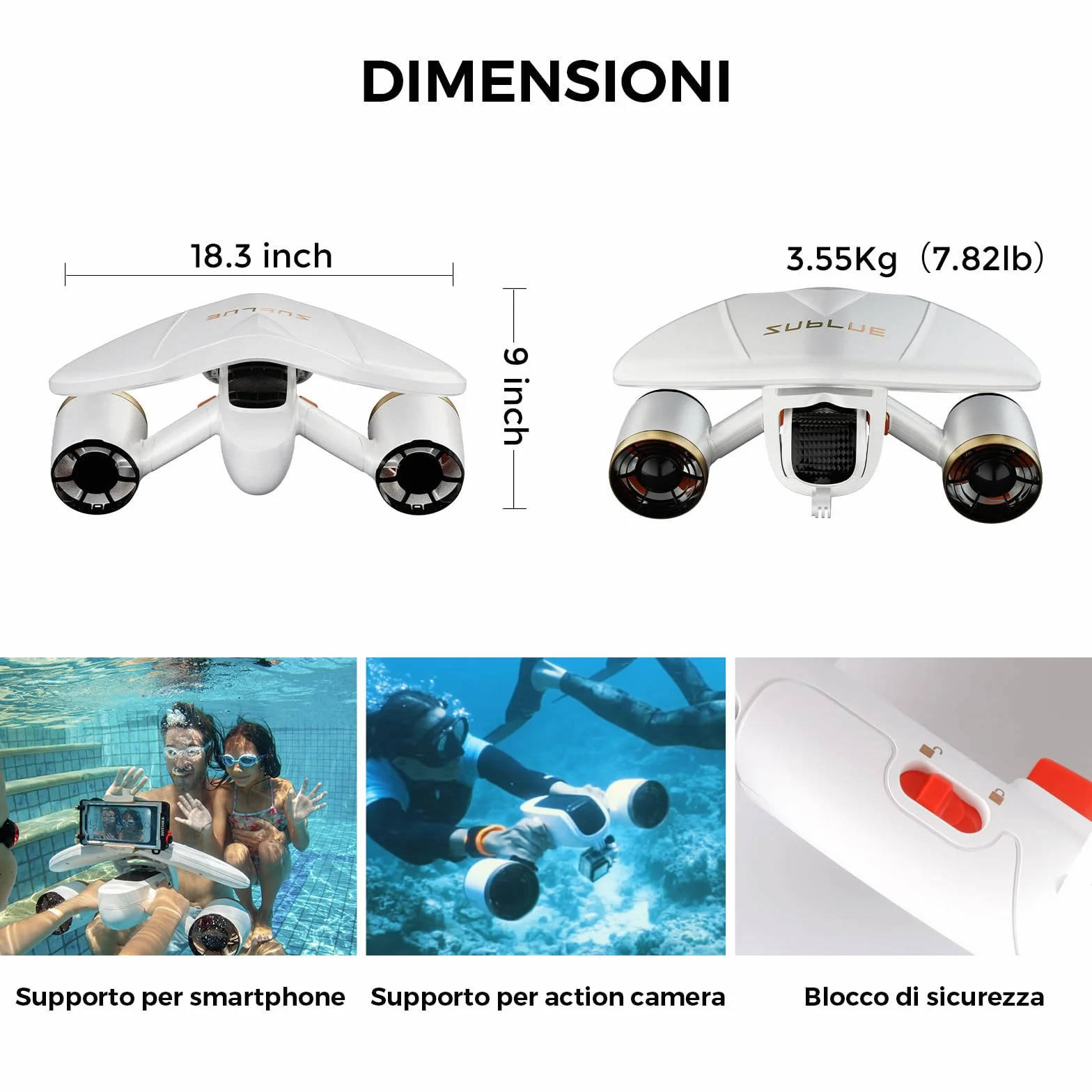 Monopattino subacqueo a doppio motore Mix PRO, 3 velocità, 60 min, profondità 40 m, con supporto fotocamera e allarme batteria