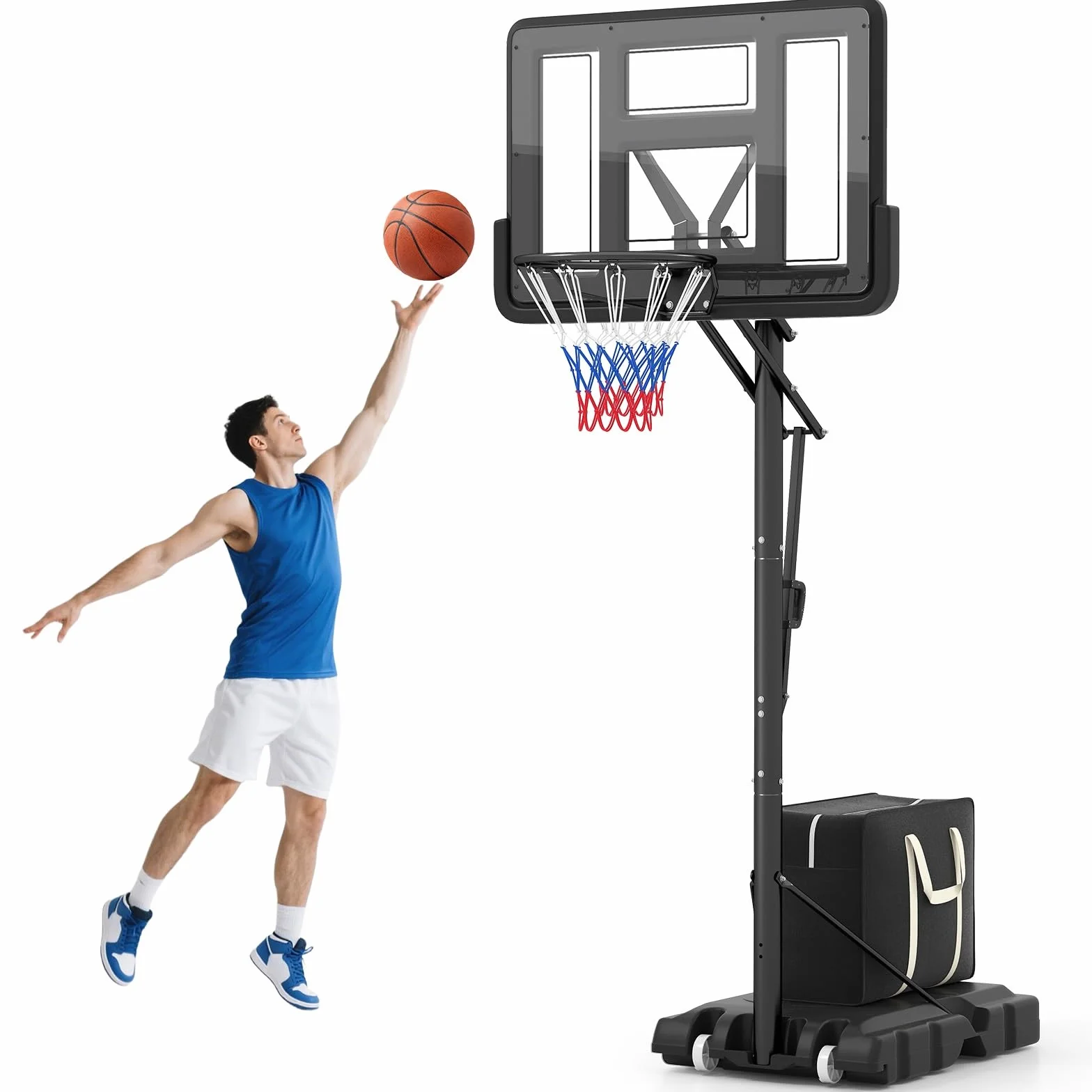 COSTWAY Canestro da Basket da Esterno Portatile Regolabile in Altezza 1,5-3 M Tabellone PC 111 cm Base Riempibile
