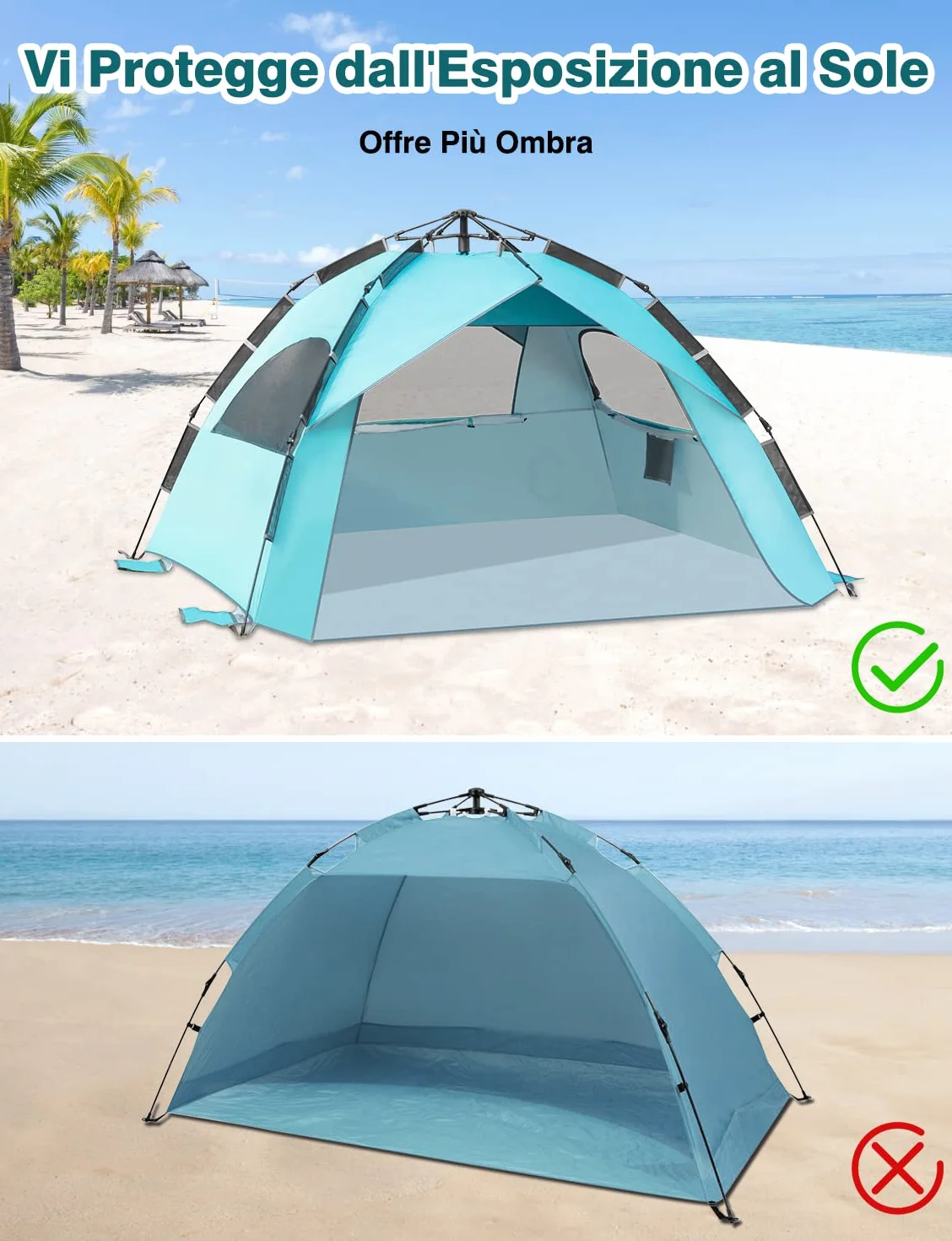 Tenda da Spiaggia Quick Up Familiare Automatica 210x200x145cm Protezione UV 50+ Antivento 4-6 Persone