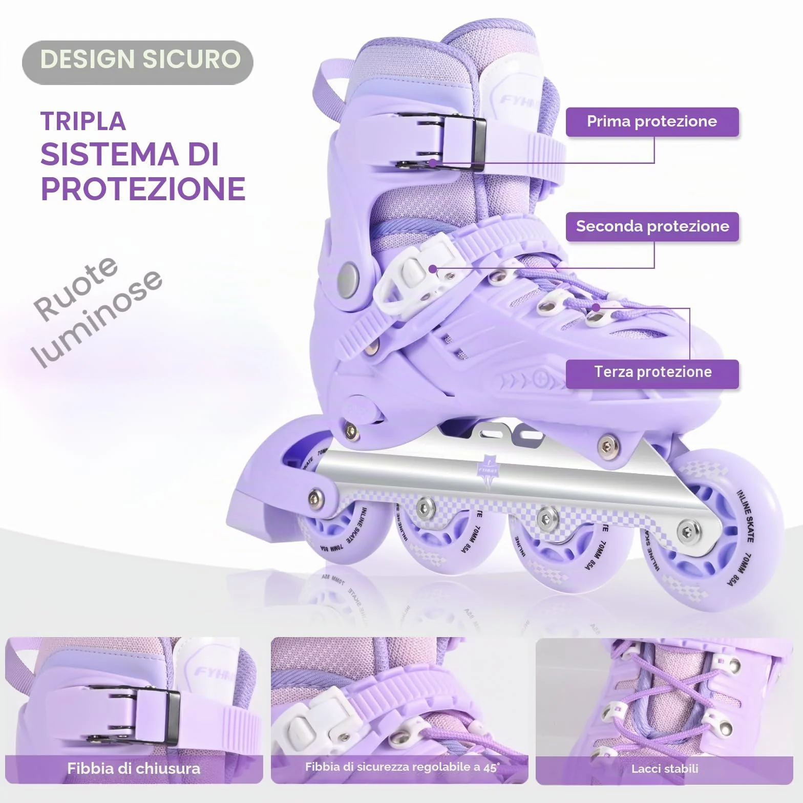 Pattini in Linea per Bambini, Telaio in Alluminio, Misura Regolabile, Viola