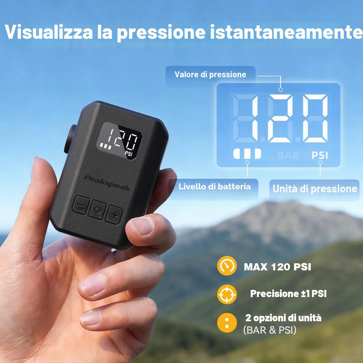 Peakspeak Mini Pompa Elettrica Bici AS260PRO 120 PSI ricaricabile USB-C con manometro e arresto automatico