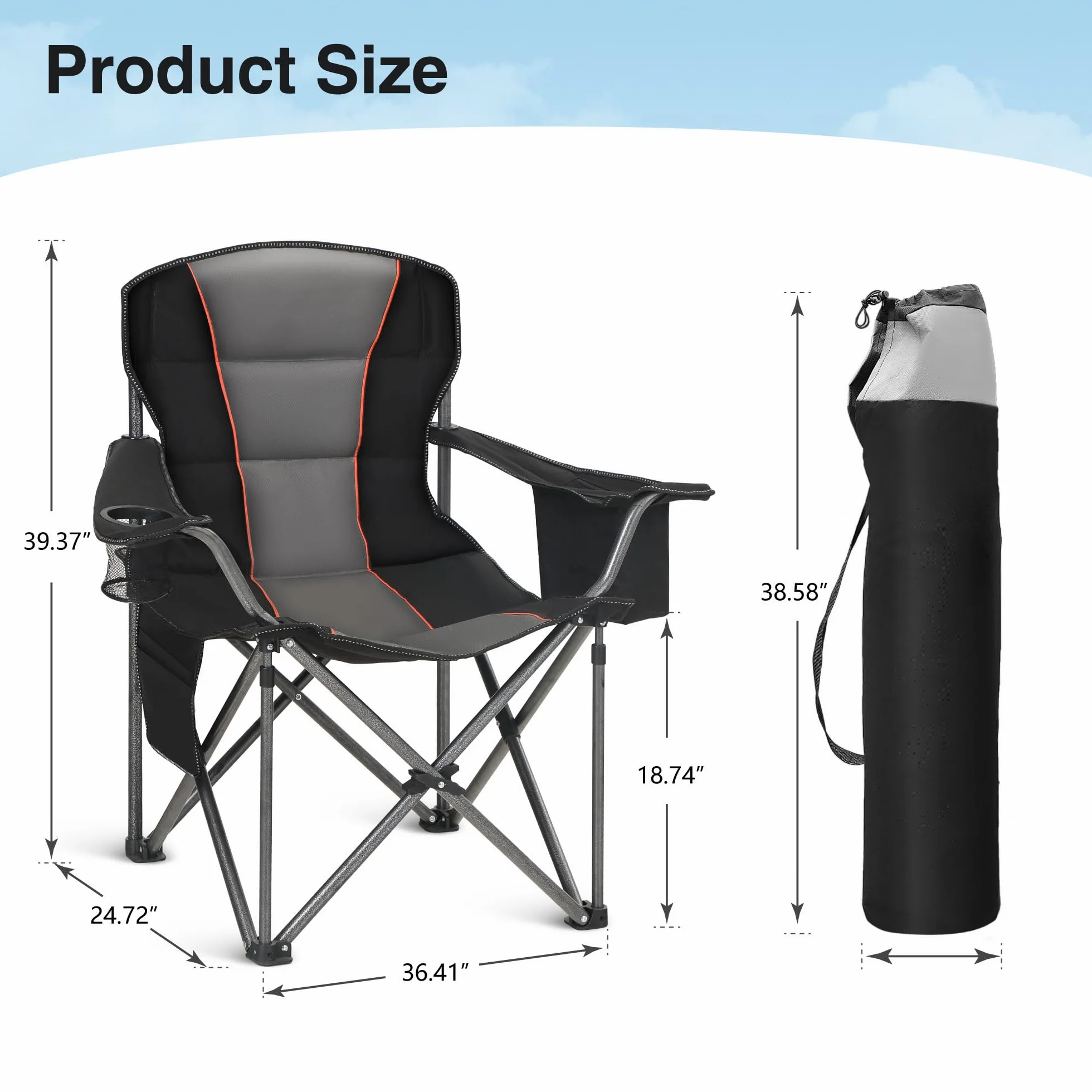 HIGH POINT SPORTS Sedia Pieghevole da Campeggio 200kg Portatile Resistente con Portabicchieri Nero 2 Pezzi