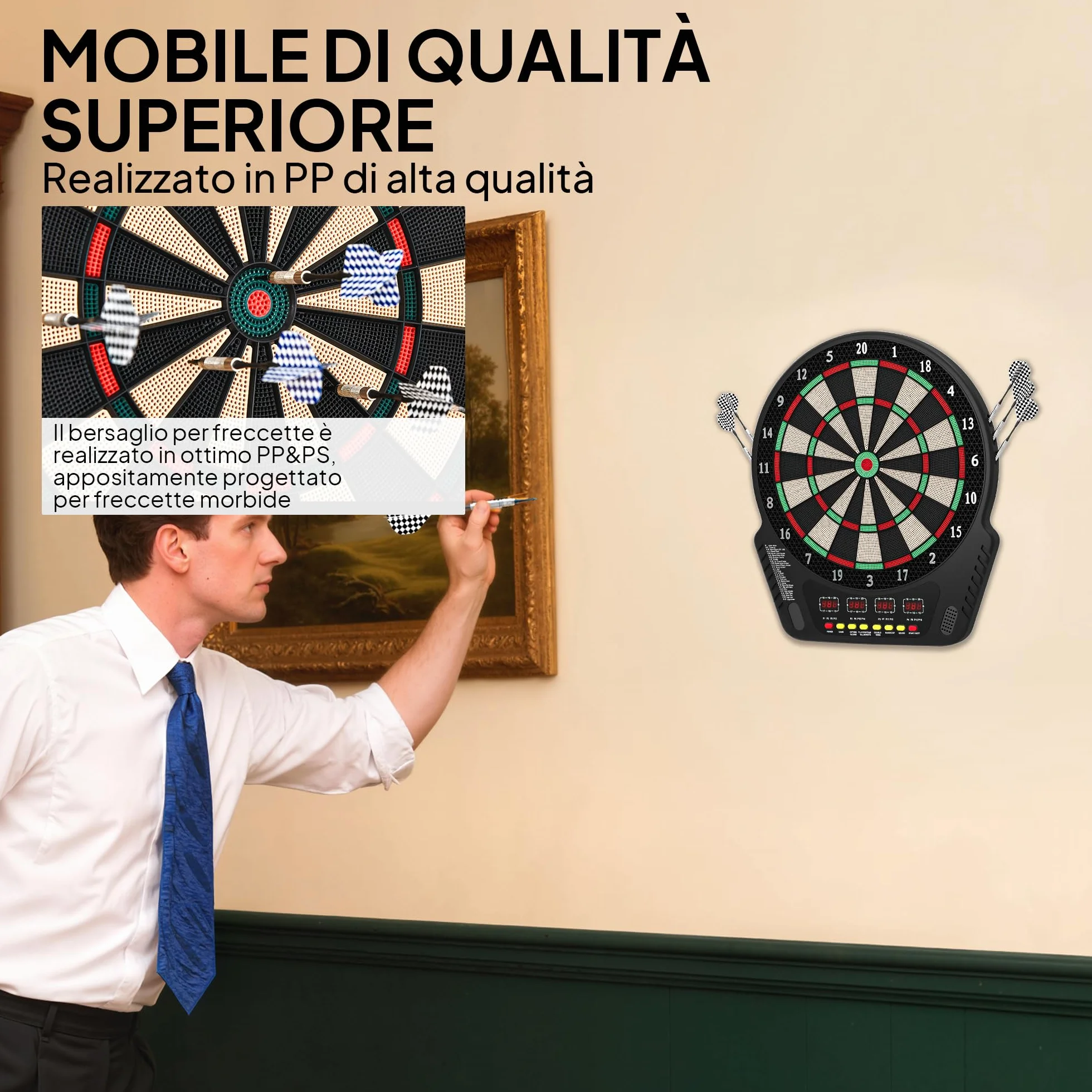 HOMCOM Tabellone Freccette Elettronico 243 Programmi 27 Giochi 6 Freccette 4 Display LED 44x51.5x3.2 cm Nero