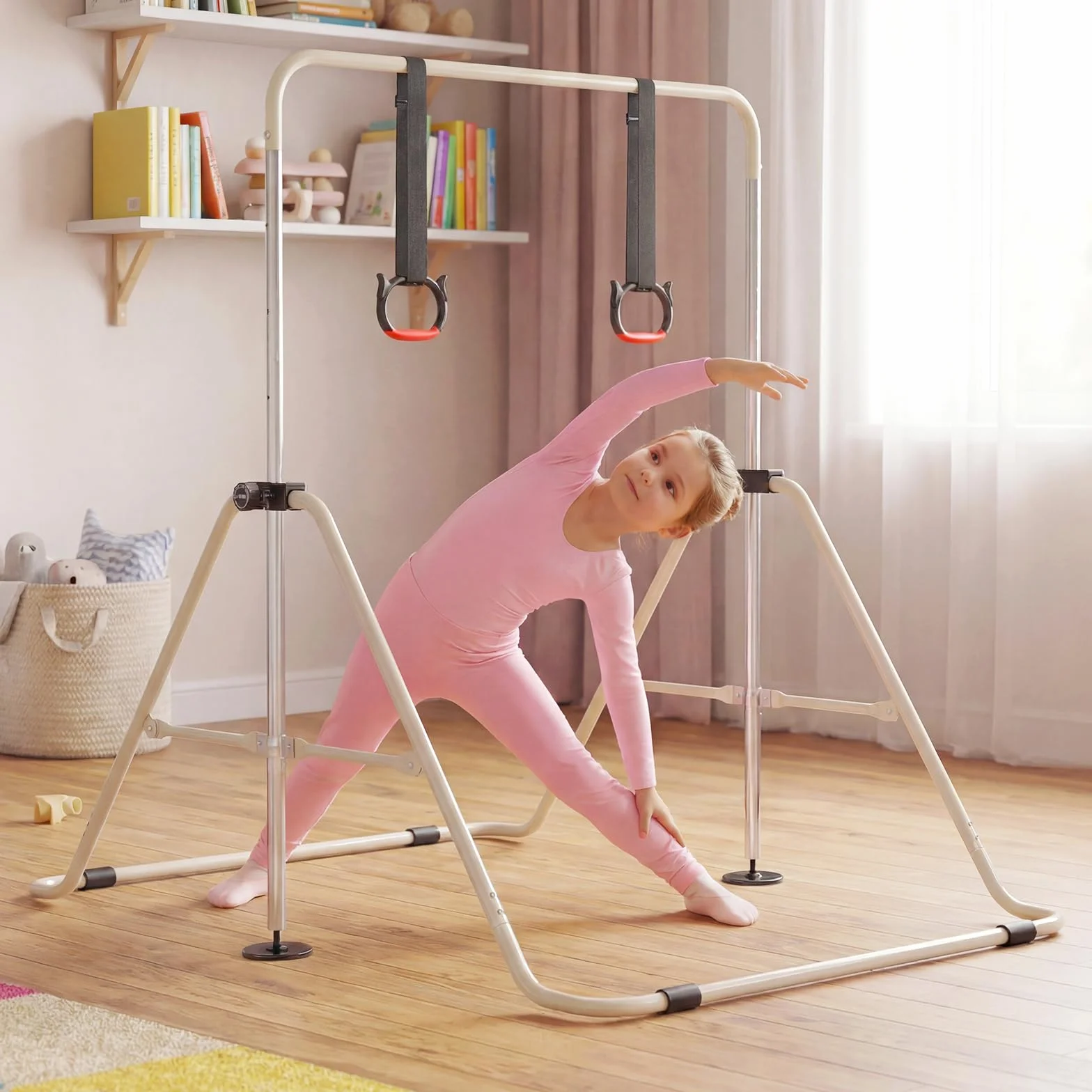 COSTWAY Sbarra Ginnastica Pieghevole per Bambini, Regolabile a 4 Livelli con Anelli e Cuscinetti Antiscivolo