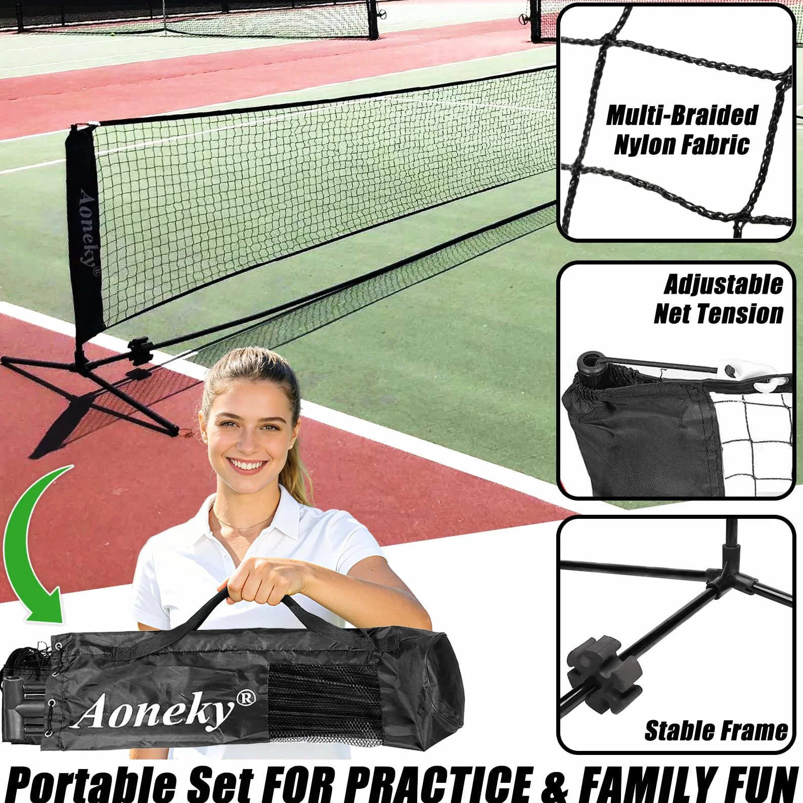 Aoneky Kit da Tennis 2,1M/3M/6M Telaio in Metallo Rete in Nylon Portatile Pieghevole per Allenamento Tennis Badminton