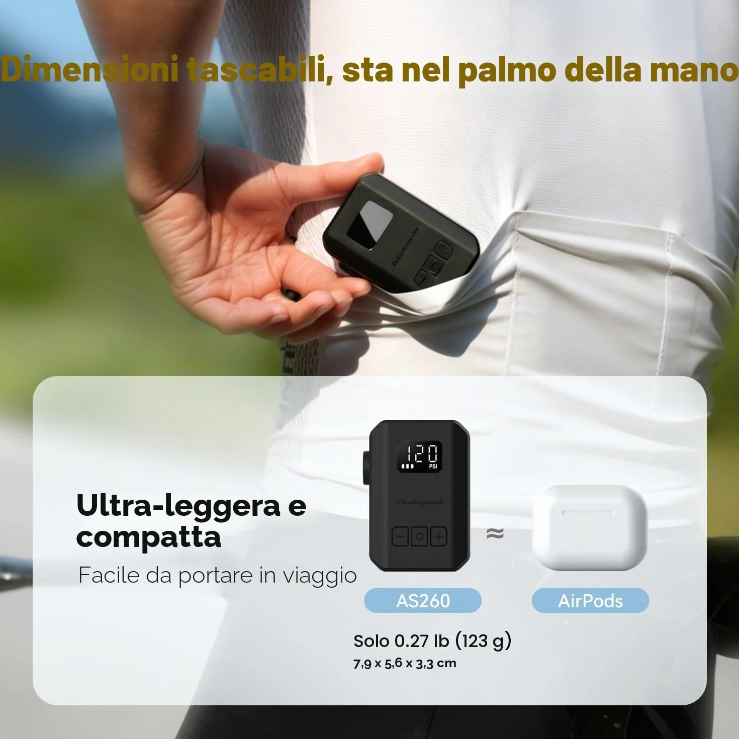 Peakspeak Mini Pompa Elettrica Bici AS260PRO 120 PSI ricaricabile USB-C con manometro e arresto automatico