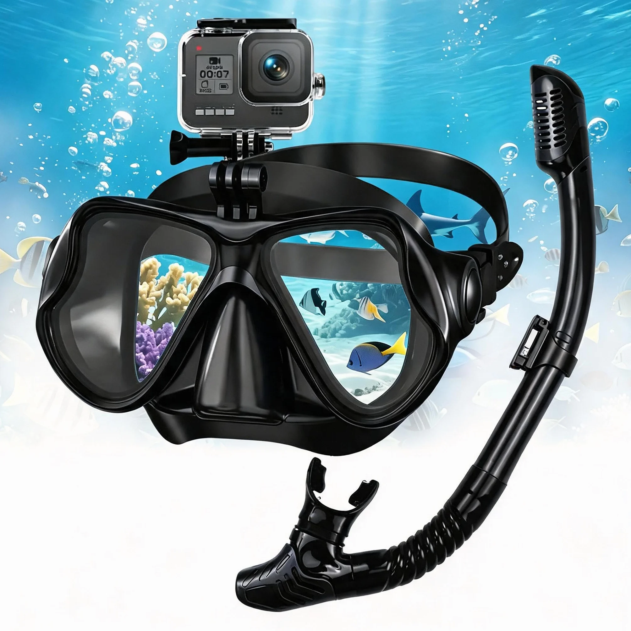 Maschera Snorkeling Subacquea Adulti con Supporto Fotocamera, Panoramica 180° Anti-Appannamento Vetro Temperato