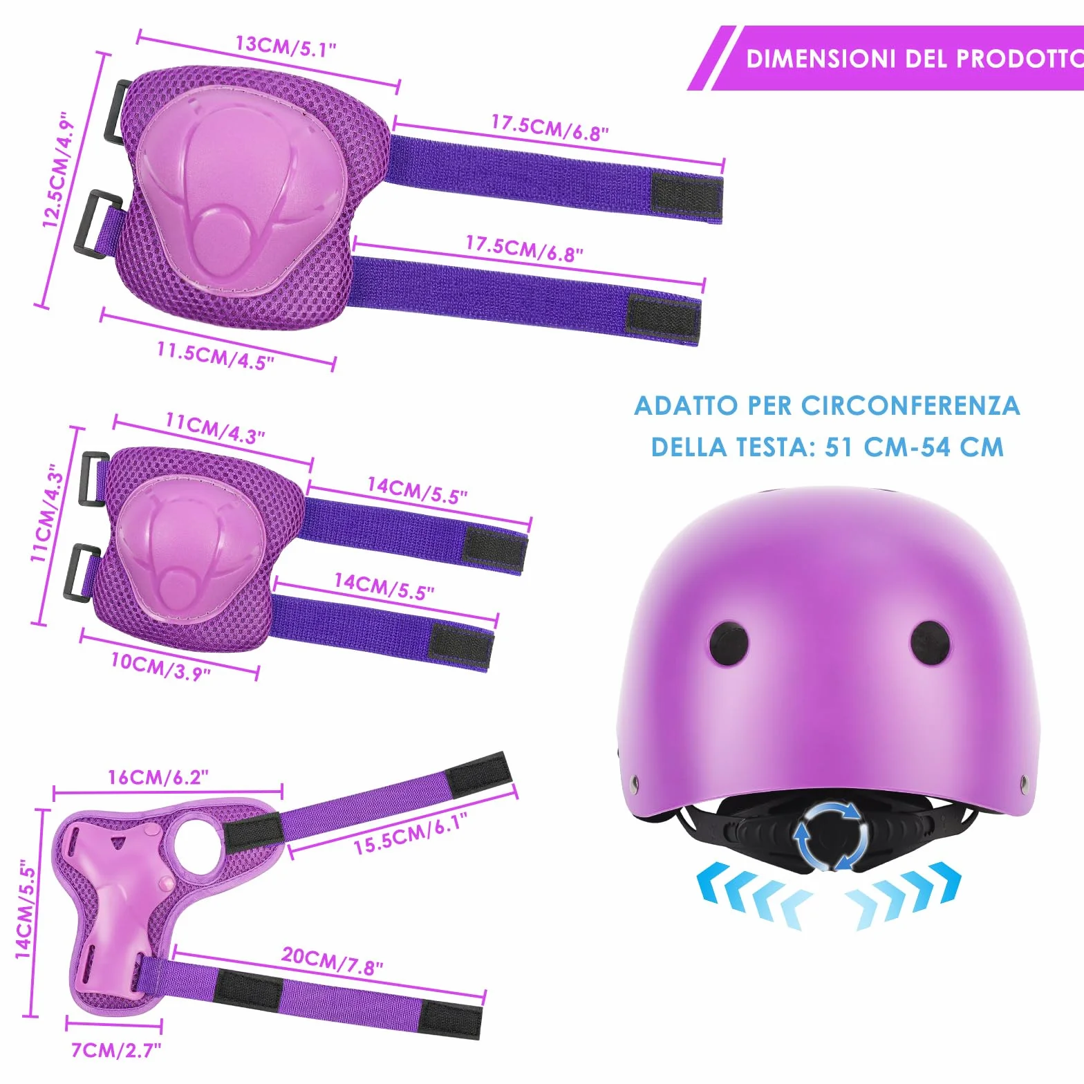 ZWOOS Protezioni Skateboard Bambino,Protezioni Bici Bambino con Casco Regolabile Ginocchiere Gomitiere, Protezioni Skateboard Bambini per Skateboard,Bicicletta,Pattinaggio, Monopattino (viola)