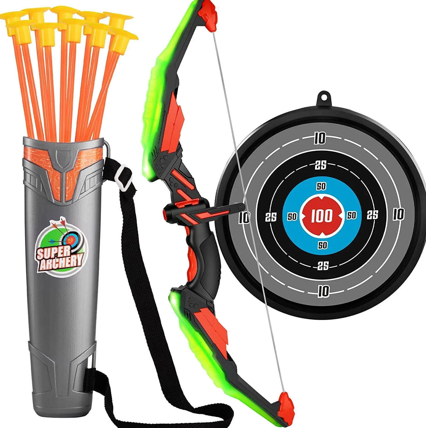 Set Arco e Frecce per Bambini con Luce LED, Giocattolo Tiro Sportivo Outdoor con Ventose e Bersaglio