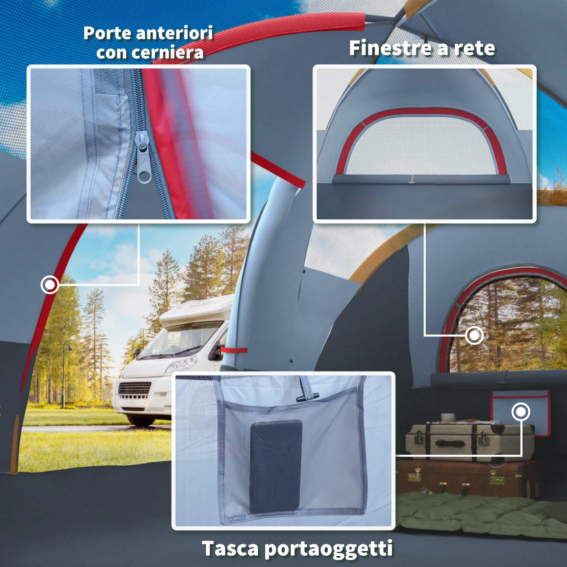 Outsunny Tenda da Campeggio 4-6 Posti Idrorepellente 3000mm Protezione UV, Tenda Famigliare Finestre Pali Fibra di Vetro 4.55x2.3x1.8 m