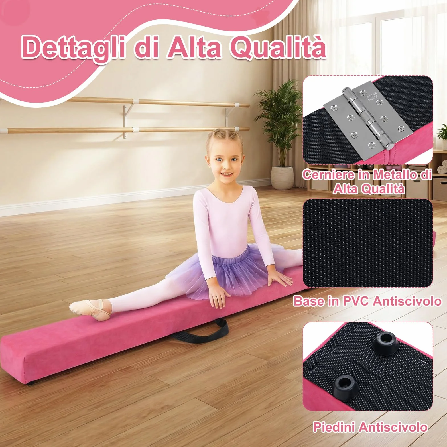 COSTWAY Trave Ginnastica Artistica Pieghevole per Bambini 210-270 cm, Base in Legno Antiscivolo