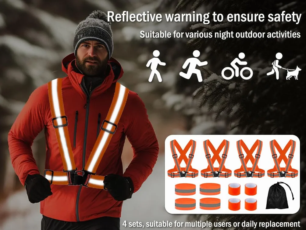 Gilet Catarifrangente ad Alta Visibilità 4 Pezzi con Braccialetti Riflettenti e Borsa, per Corsa Ciclismo