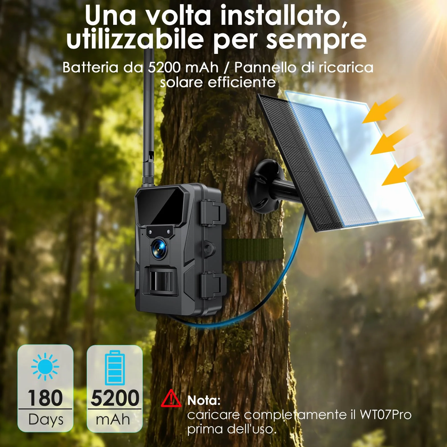 WOLFANG Fototrappola 4G LTE Solare 2K con Scheda SIM e 64GB SD, Visione Notturna, IP66, Nero