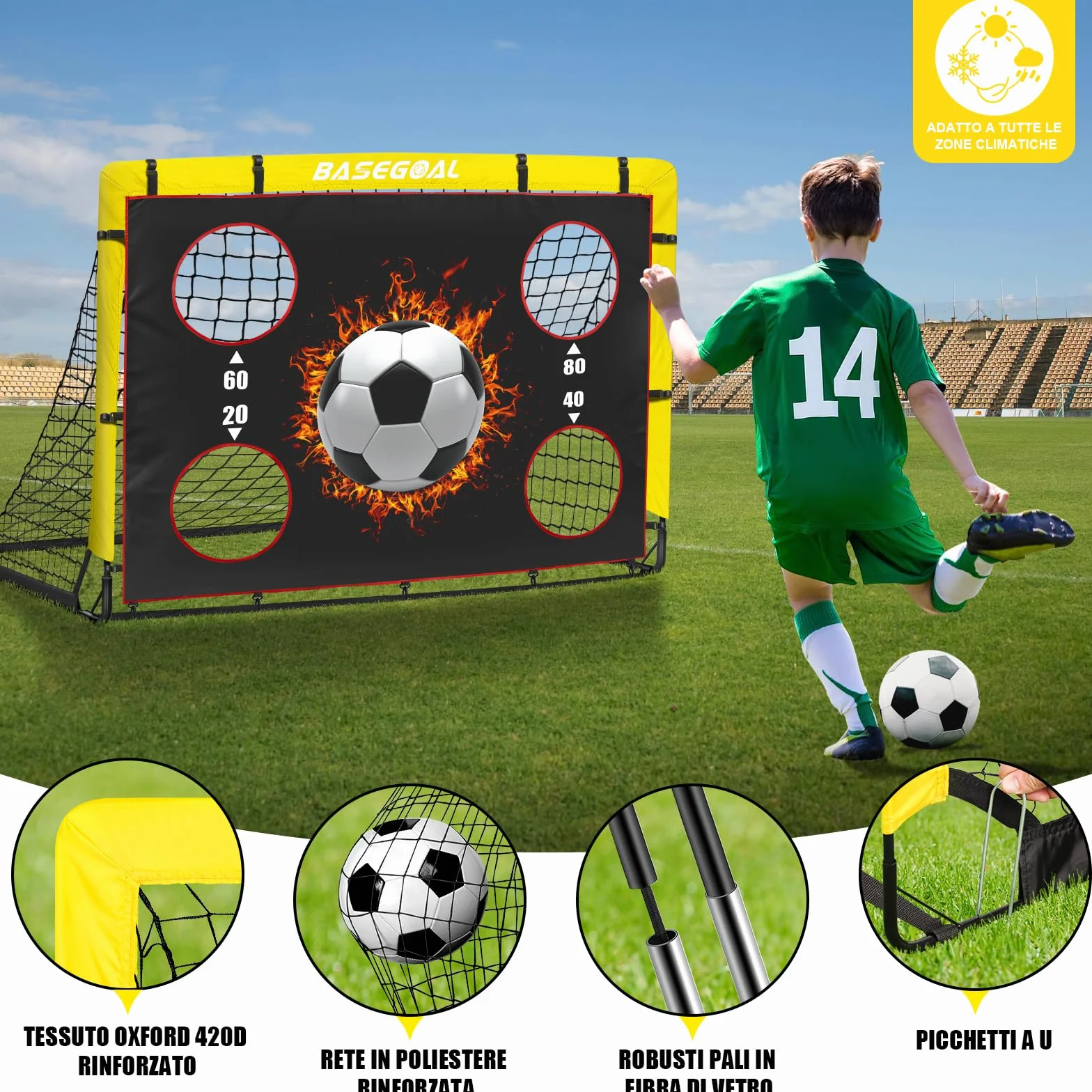 Porta da Calcio per Giardino 150x120cm con Aste in Fibra di Vetro e Reti di Alta Qualità