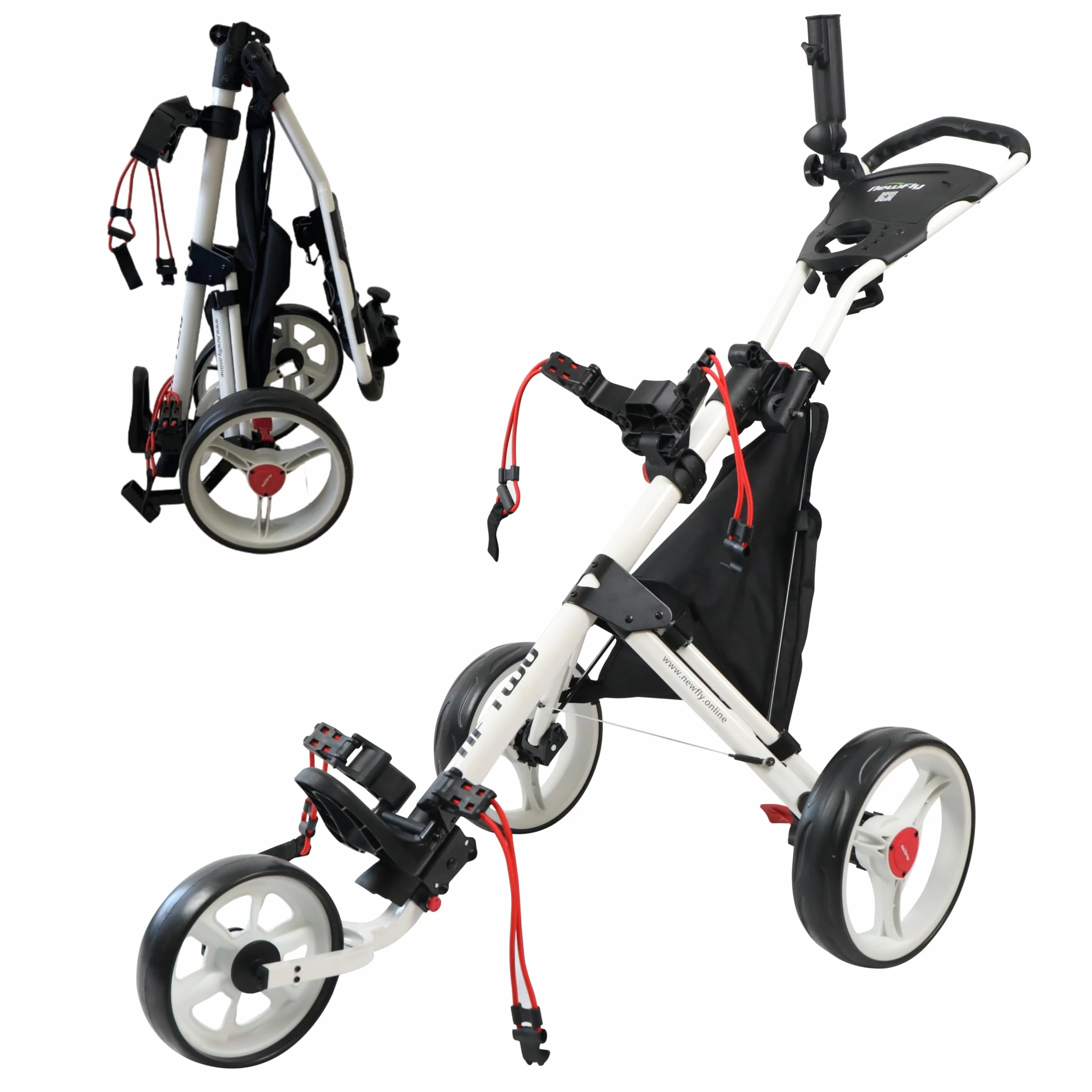 Newfly Carrello da golf 3 ruote pieghevole ultraleggero con freno a pedale bianco