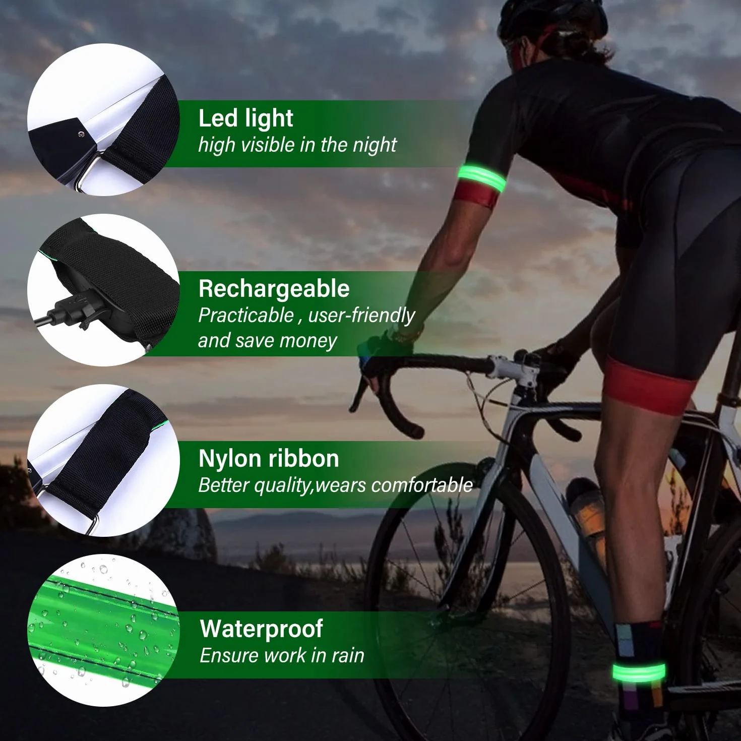 Bande Catarifrangenti LED Braccialetto Ricaricabile USB 3 Modalità Illuminazione Fascia Braccio Sicurezza Alta Visibilità per Running Bici Corsa Notturna (Verde)