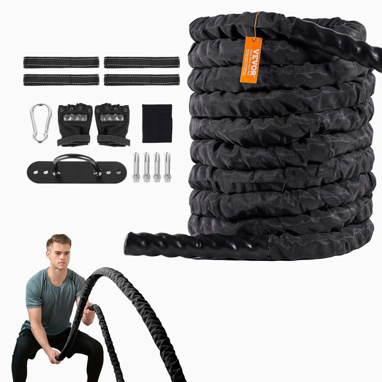 VEVOR Battle Rope, Corda da Allenamento in Poliestere, Attrezzatura da Allenamento Corda da Battaglia con Copertura Protettiva e Ancoraggio, Corda Pesante per Allenamento Muscolare Core da Palestra