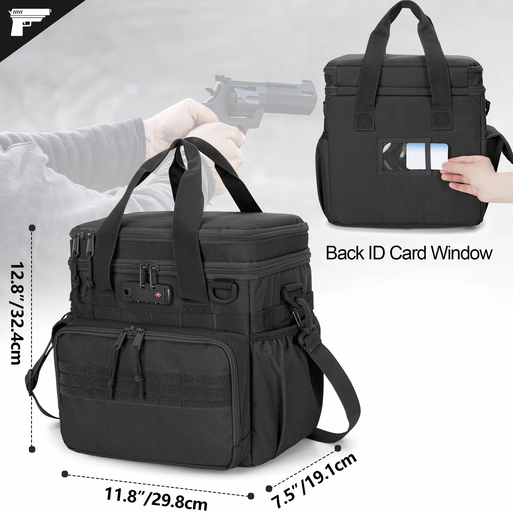 Borsa tattica per tiro GOBUROS con 2 custodie per pistola, lucchetto TSA e 12 scomparti per caricatori