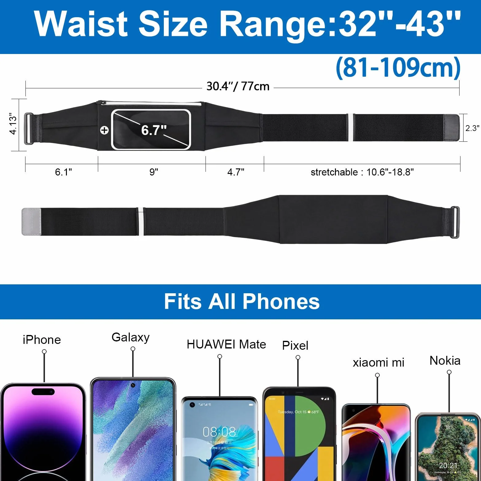 Marsupio Running Uomo Donna Porta Cellulare Cintura da Corsa Impermeabile Touchscreen 81-109cm