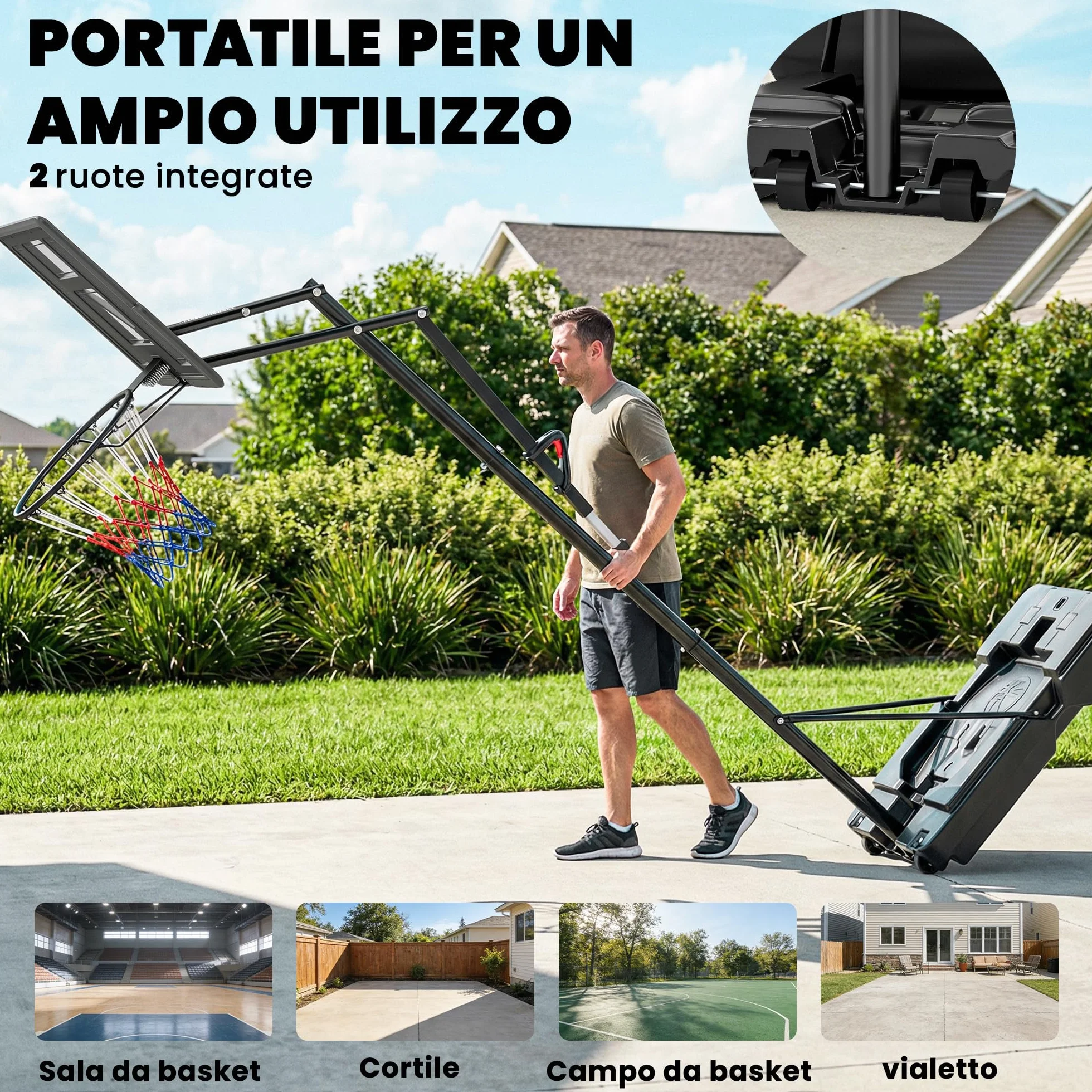 SPORTNOW Canestro Basket Regolabile 235-305 cm, Tabellone Infrangibile, Portatile, Nero