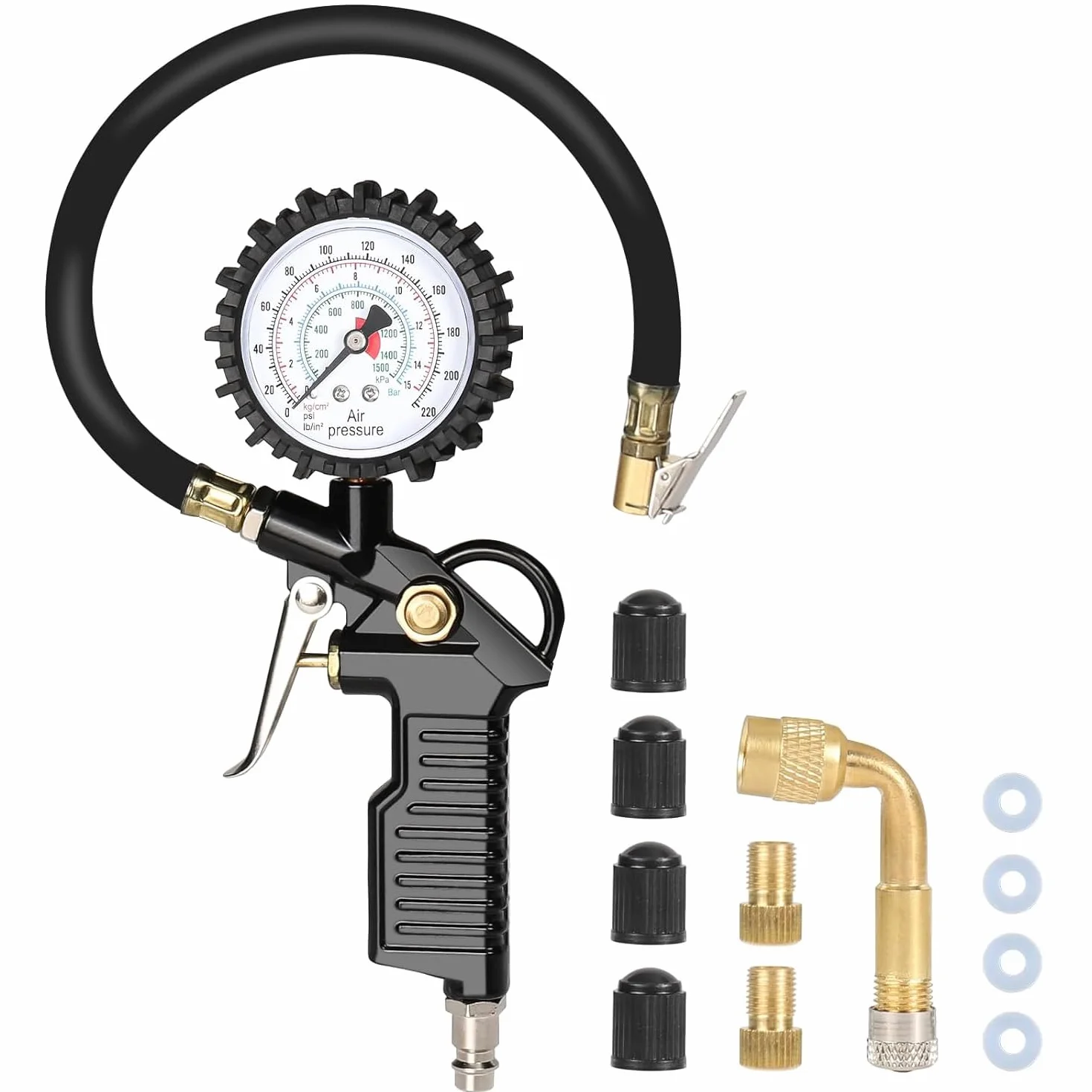 Manometro Pressione Gomme con Tubo Flessibile, 220 PSI / 16 BARManometro per Pneumatici Gomme, Alta Precisione Manometro Pneumatici per Auto, Moto