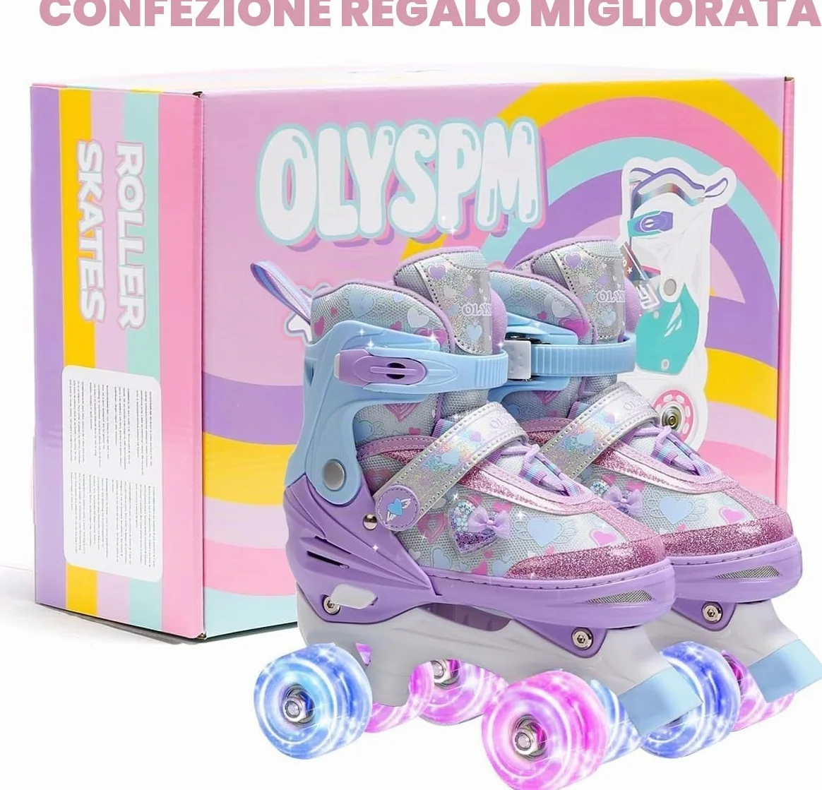 Pattini a Rotelle Bambina con Cuori Sognanti e Ruote Luminose, 4 Taglie Regolabili