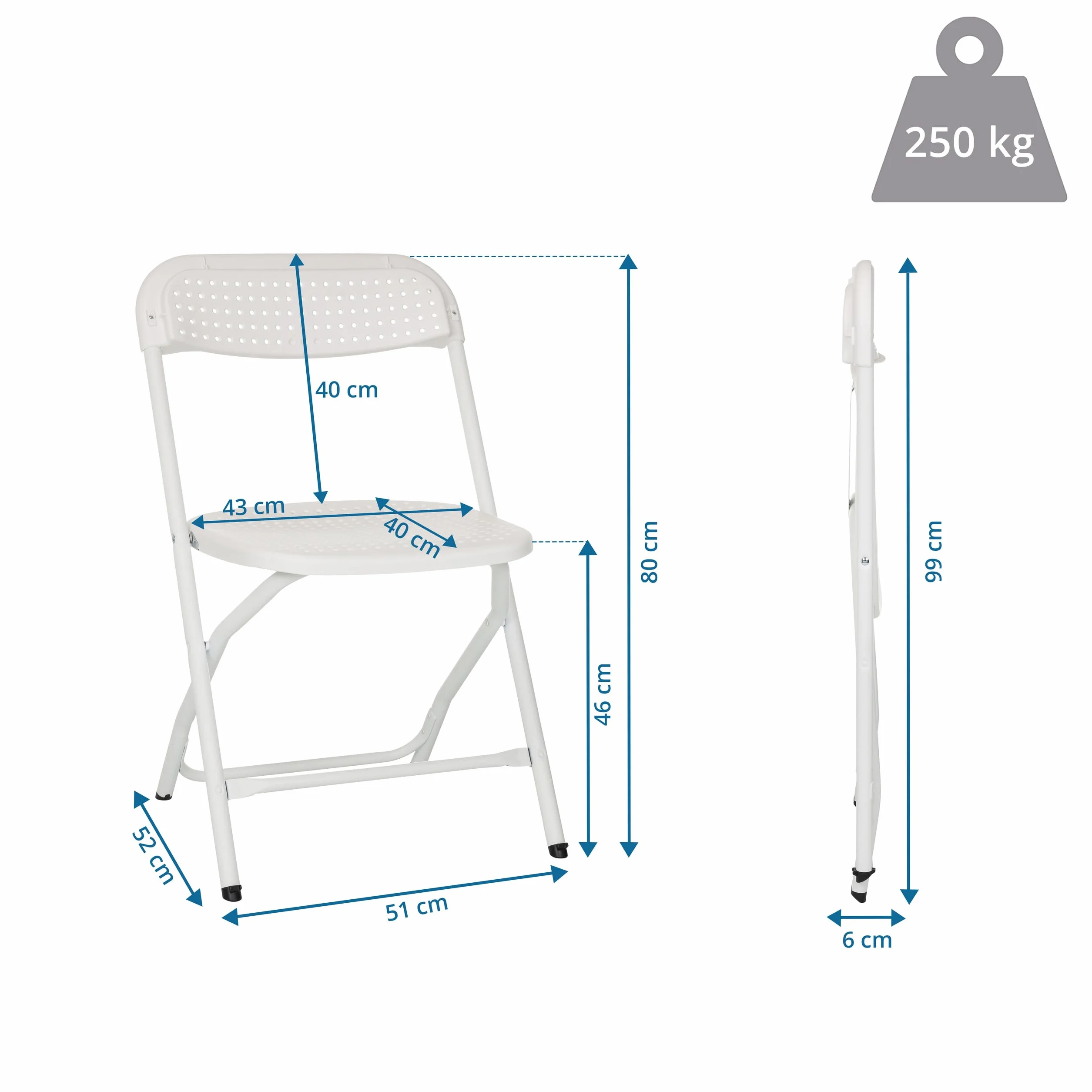 Sedia Pieghevole TUDELA XXL PRO W, Bianca, 250 kg, Plastica, Ideale per Esterno