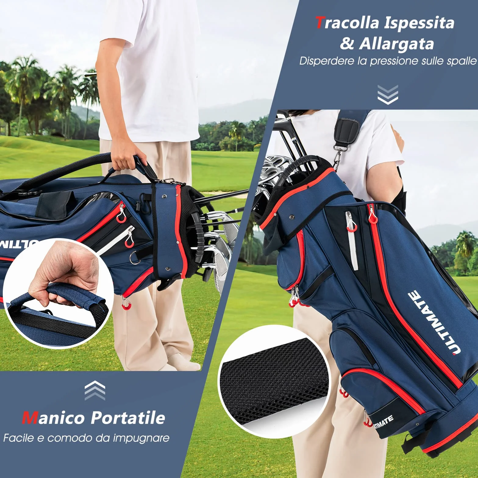 COSTWAY Borsa da Golf Leggera Grande Capacità 14 Divisori 8 Tasche Cappuccio Antipioggia Tracolla Borsa Termica Blu