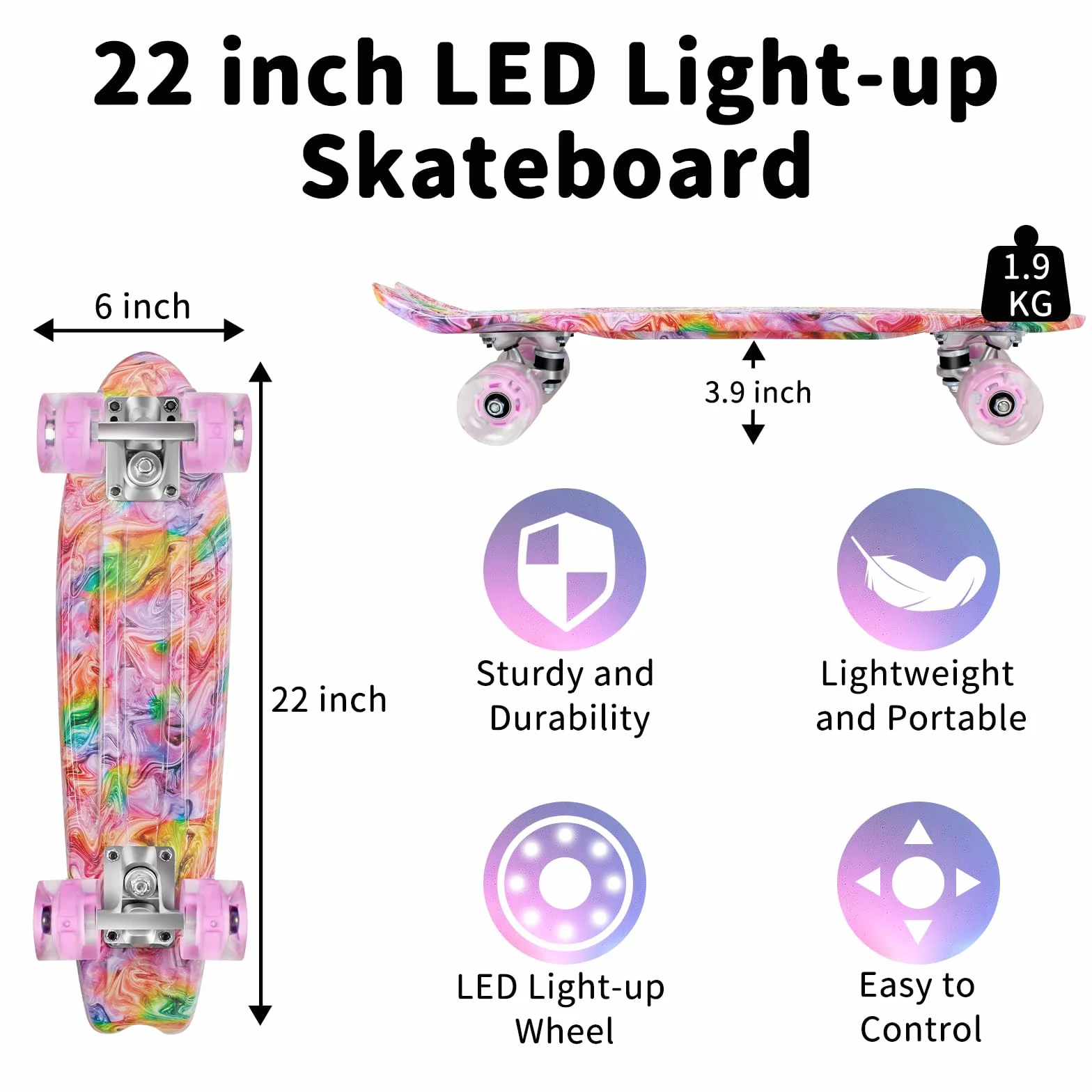 BELEEV Skateboard Cruiser da 55,9 cm per bambini, ragazzi, adolescenti, adulti, principianti, ruote luminose a LED, mini skateboard classico completo con attrezzo a T, carico massimo 99,8 kg