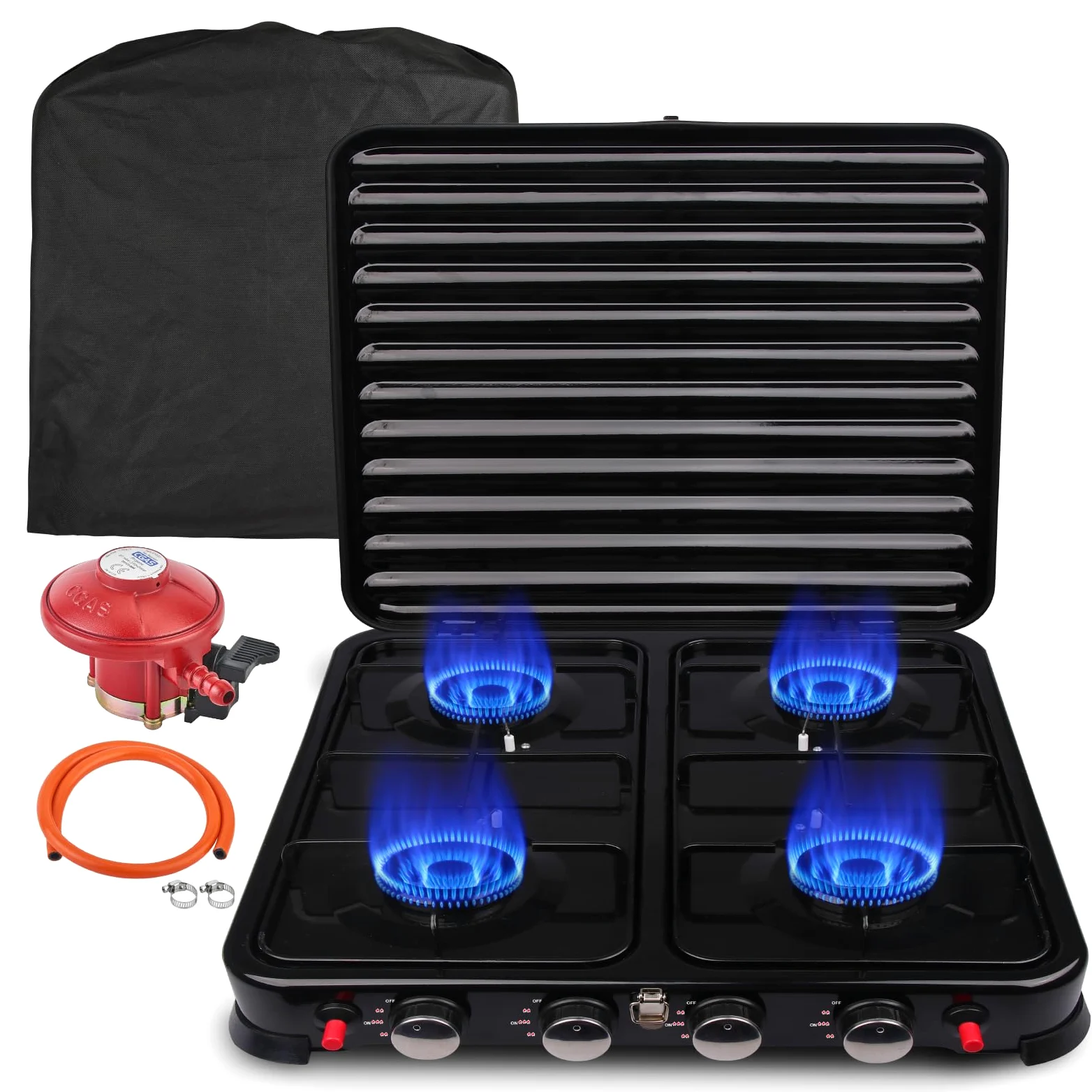 Fornelli da Campeggio a Gas 4 fuochi Cucina a Gas Portatile Fornellini da Campeggio Struttura in Acciaio inox, Consumo 8.8 kW Fornello 4 Fuoco Smaltato Fornello da Campeg (Puro Nero)