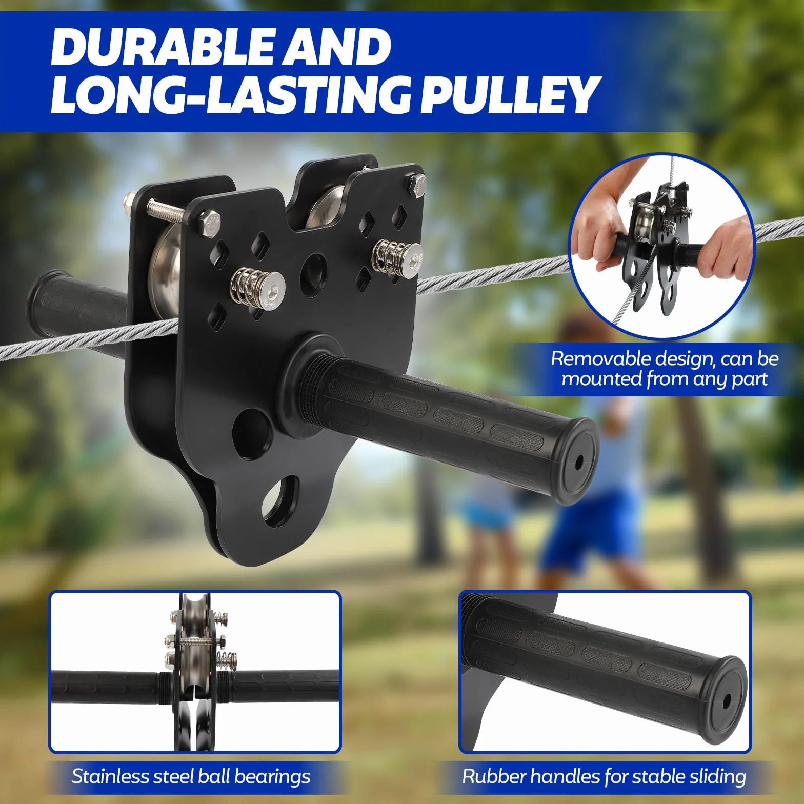 FAHKNS Kit zip line per bambini e adulti 60 m 180 kg Carrello rimovibile sedile ispessito imbracatura sicurezza