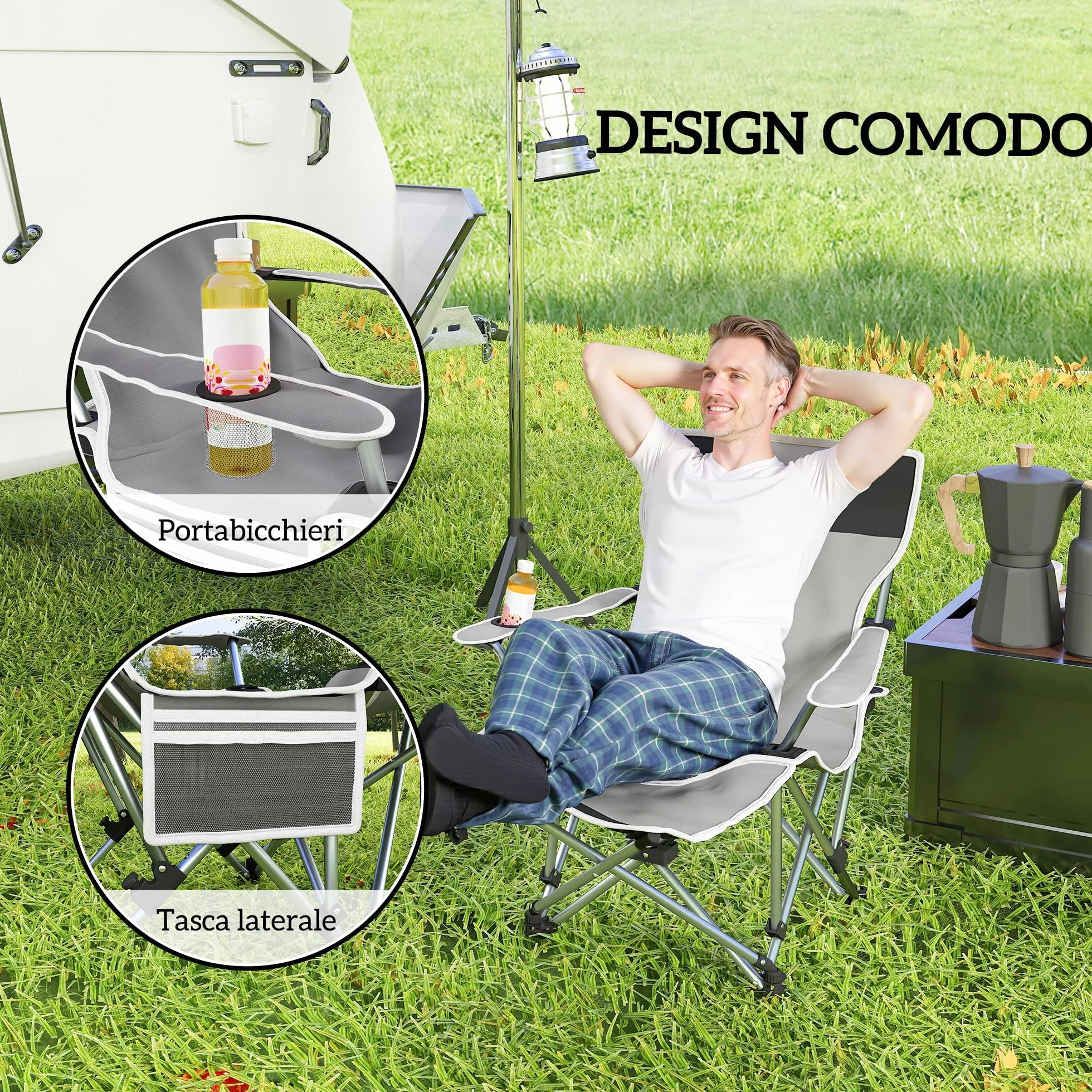 Outsunny Sedia da Campeggio Pieghevole con Poggiapiedi Staccabile, Portabicchieri e Tasca Laterale, Sedia da Giardino in Tessuto Oxford e Metallo, Portata Fino a 120 kg, 82x100x88 cm, Grigio