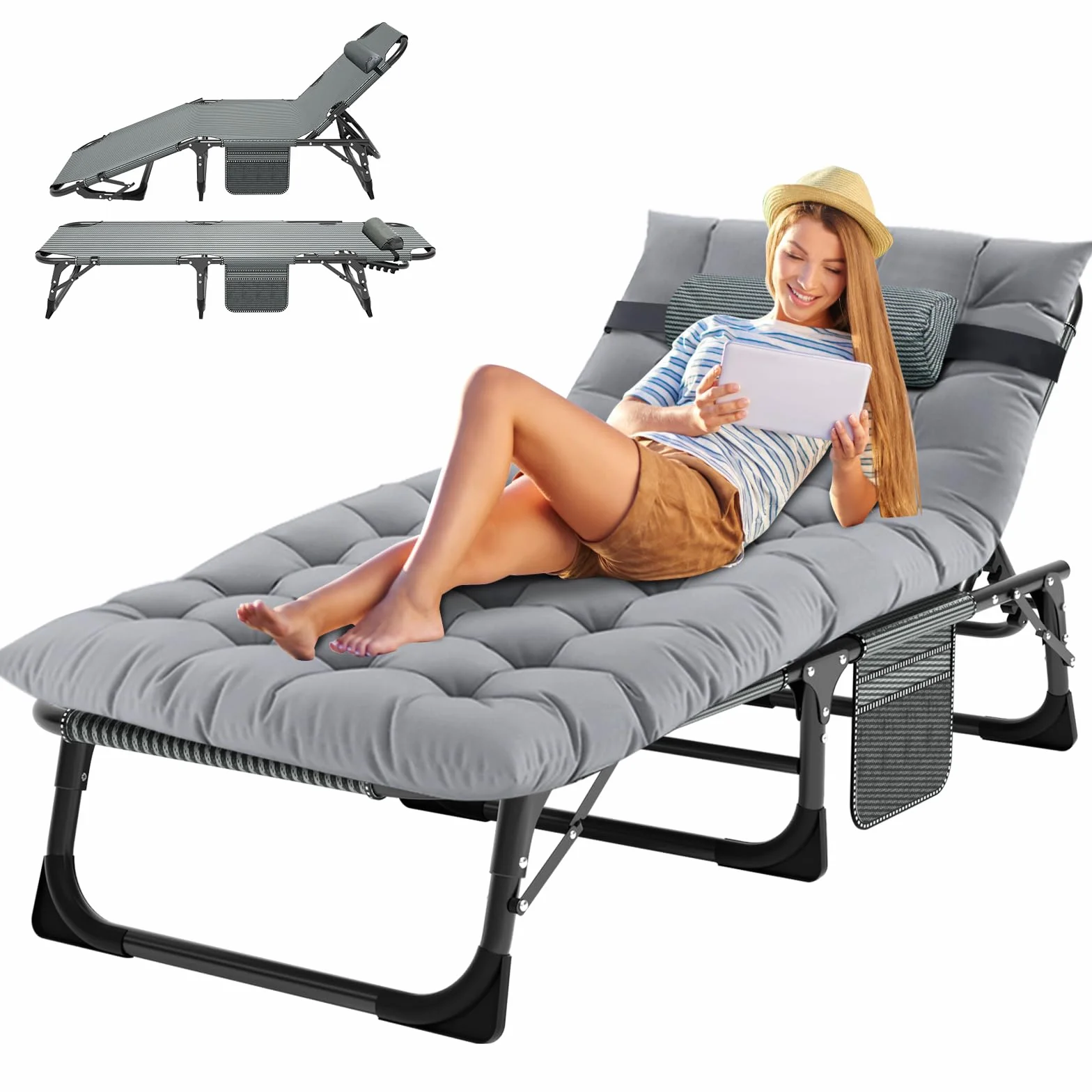 MOPHOTO Lettino prendisole pieghevole per giardino con materasso, schienale e gambe regolabili, portatile, per interni ed esterni, sedia a sdraio pieghevole per abbronzatura al sole, perfetta per