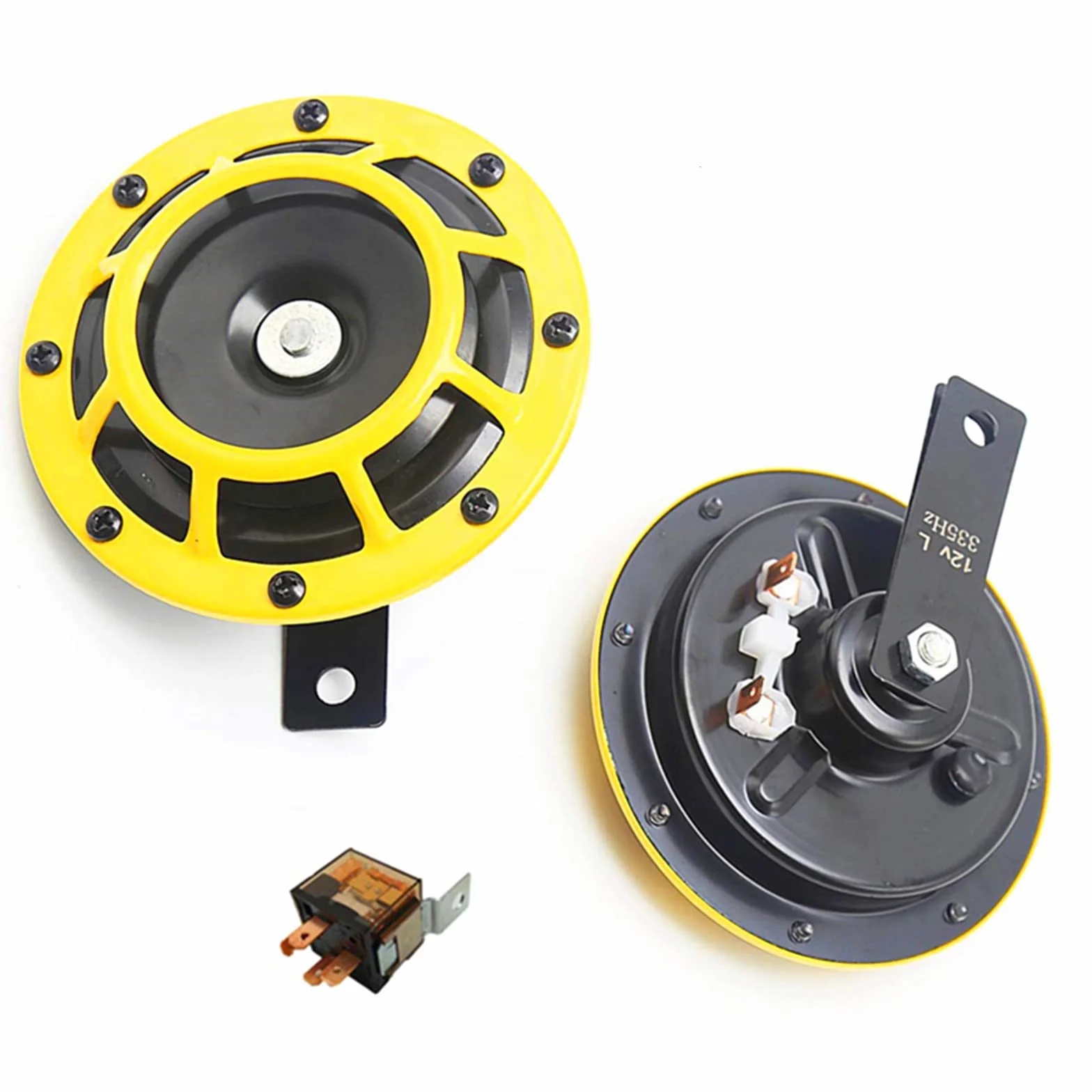 Clacson Elettrico 135DB per Auto con Doppio Disco e Staffa di Protezione Gialla - Per 12V Auto, Camion, SUV, Moto