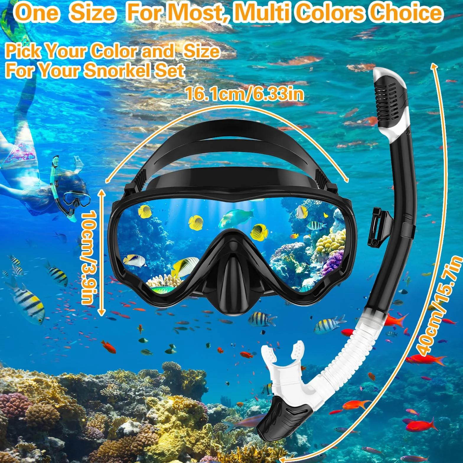 Maschera Snorkeling Panoramica 180° Anti-Nebbia Subacquea Adulti con Boccaglio Nero